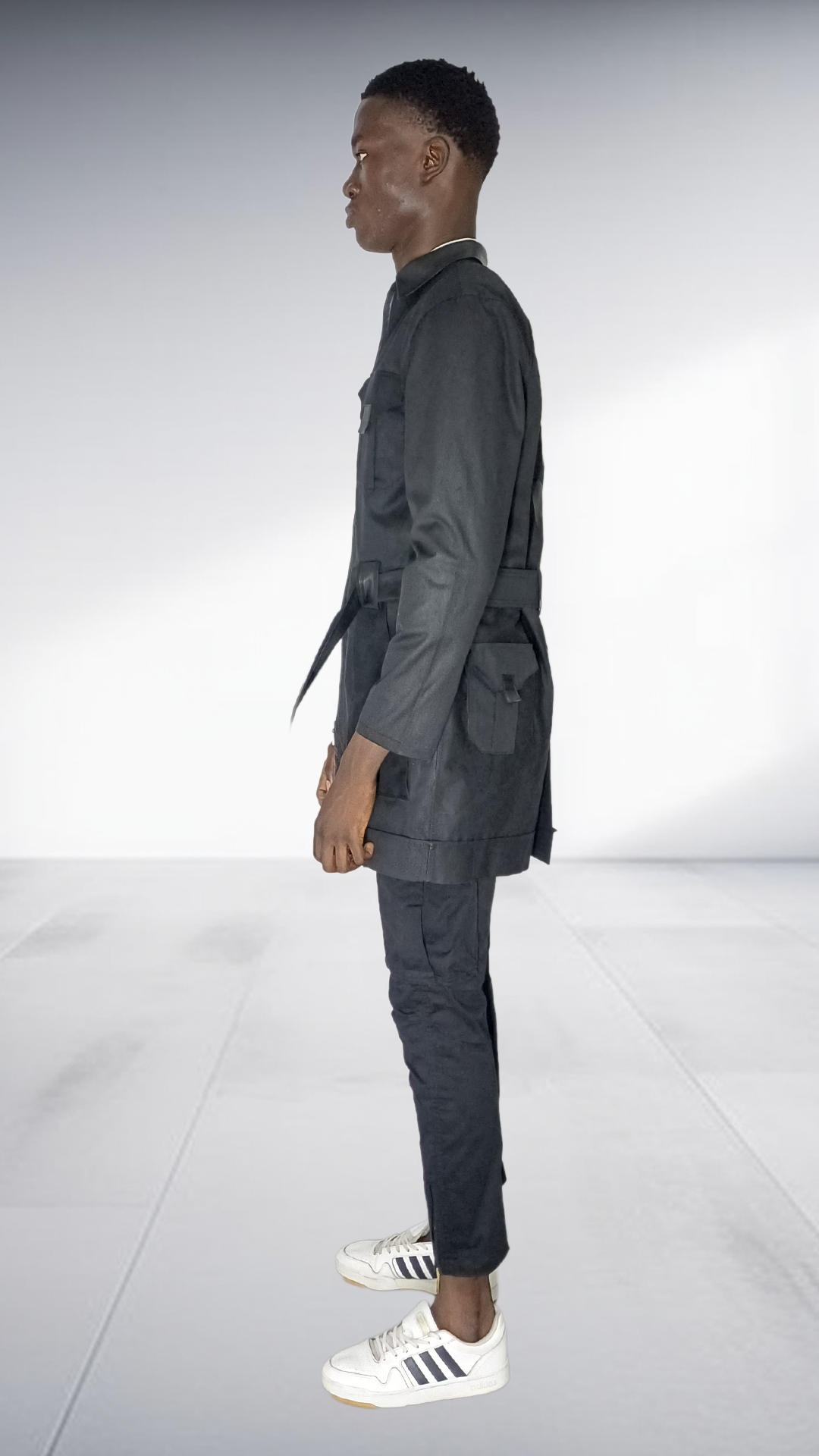 Naked Ape Oil Skin Jacket, Linen Mandarin Shirt & Cargo Pants Set - Black