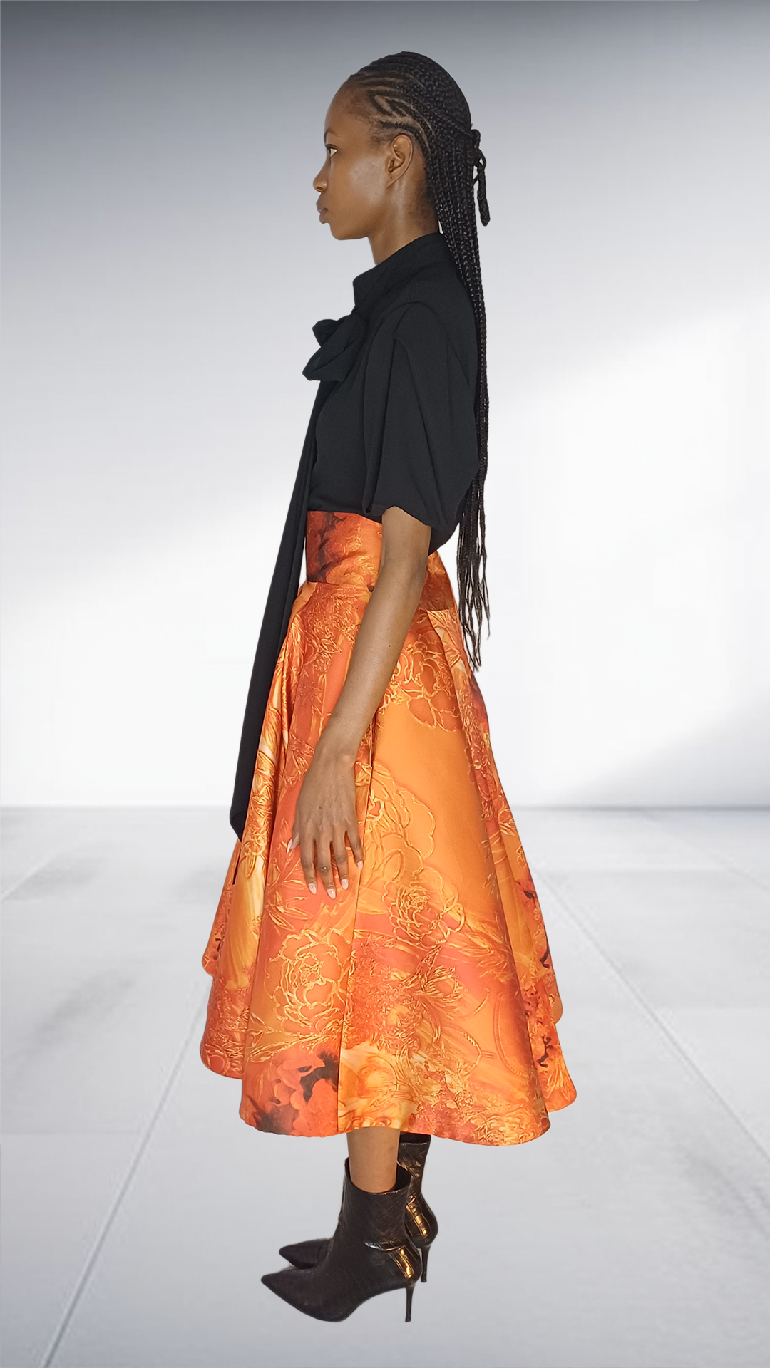 Black Bow Blouse & Orange Brocade Midi Skirt Two-Piece Set