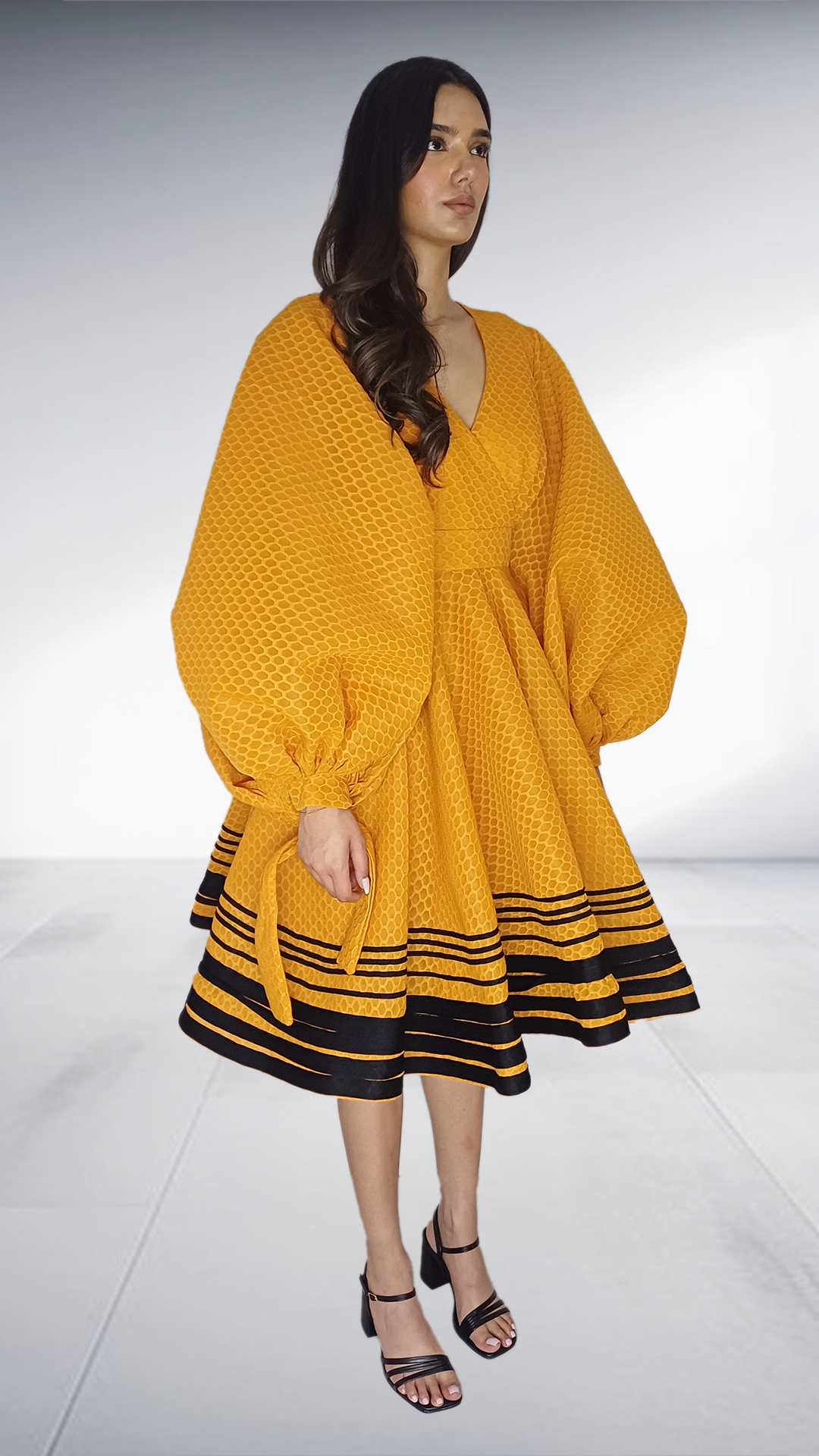 Alfalfa Golden Yellow Honeycomb Textured Balloon Sleeve Dress