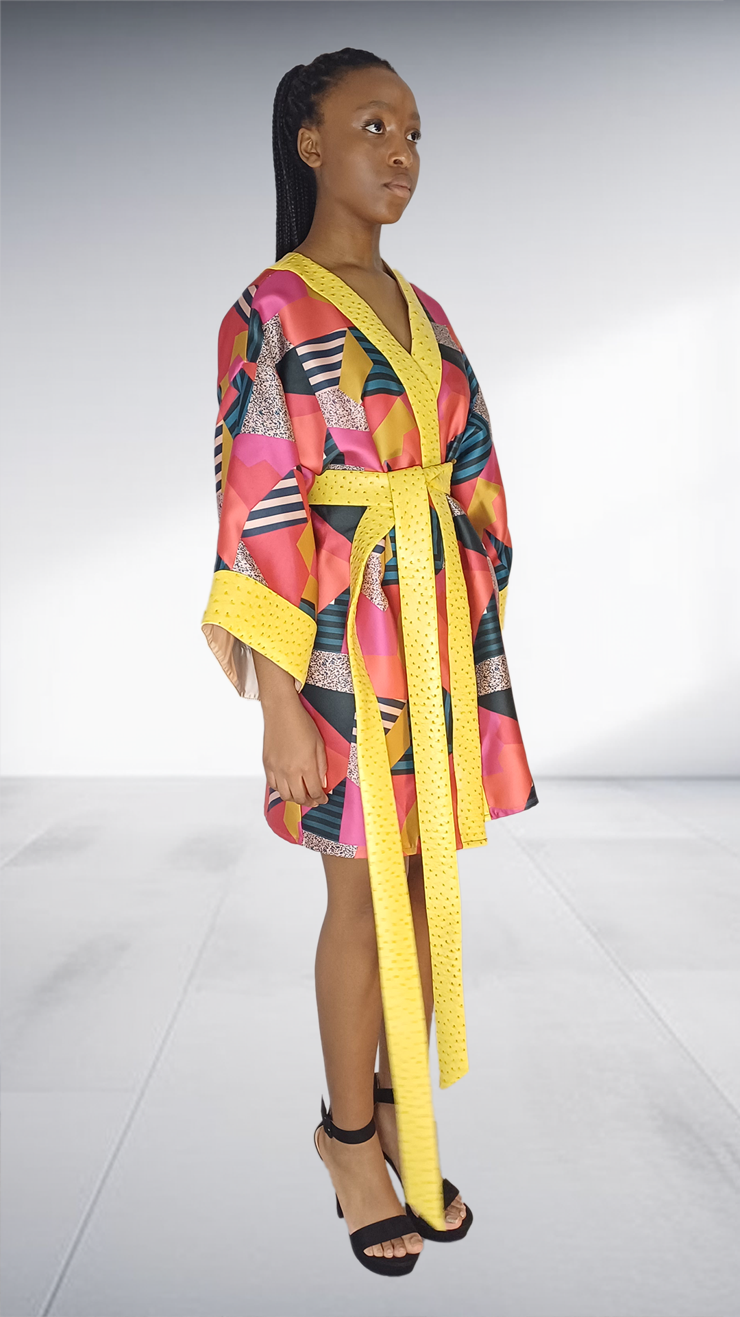 Ezokhetho Abstract Print Kimono Robe with Yellow Polka Dot Trim