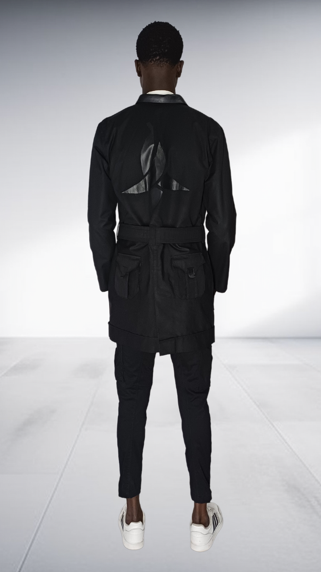 Naked Ape Oil Skin Jacket, Linen Mandarin Shirt & Cargo Pants Set - Black