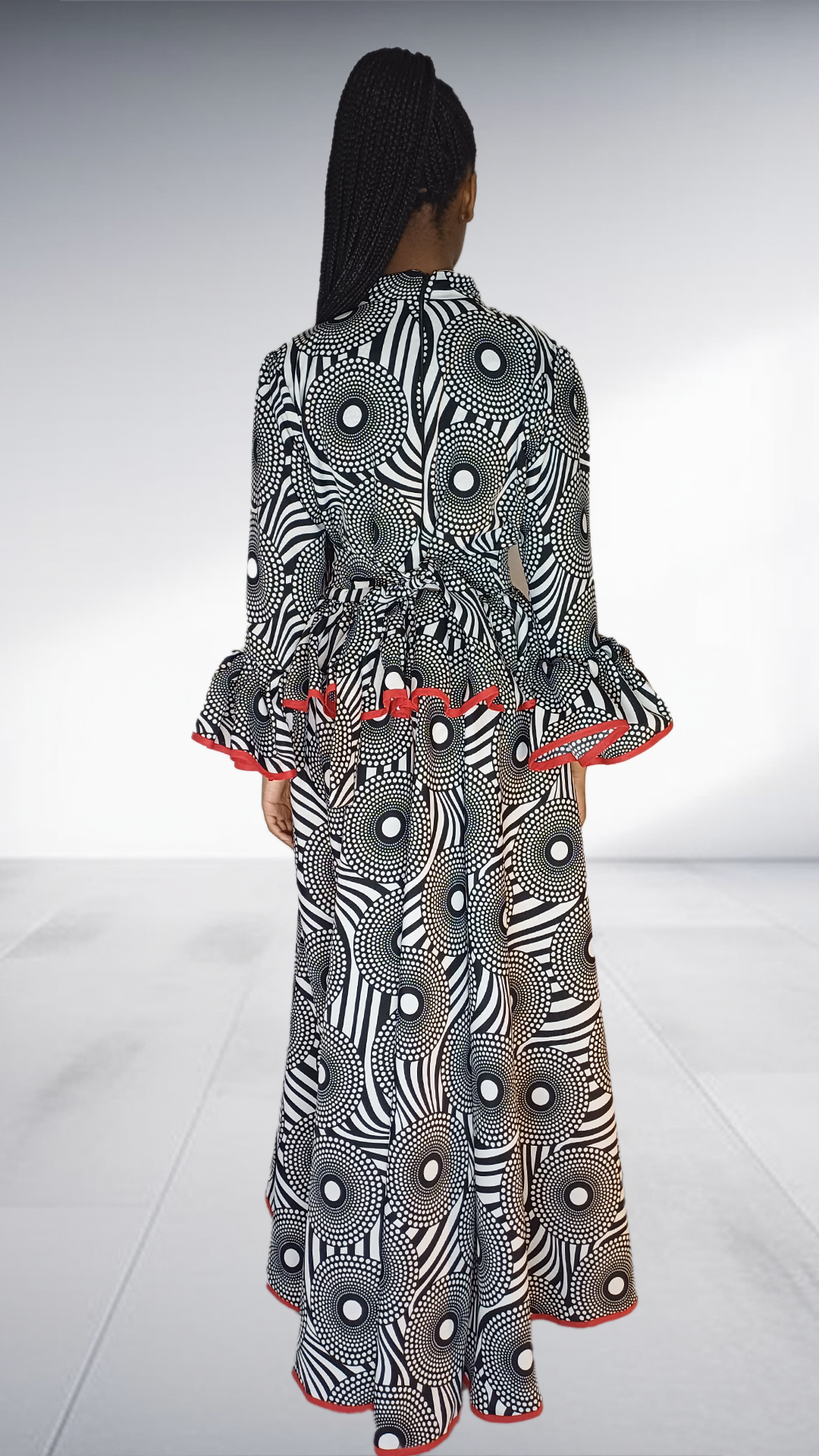 Black & White Abstract Print Maxi Dress with Red Trim