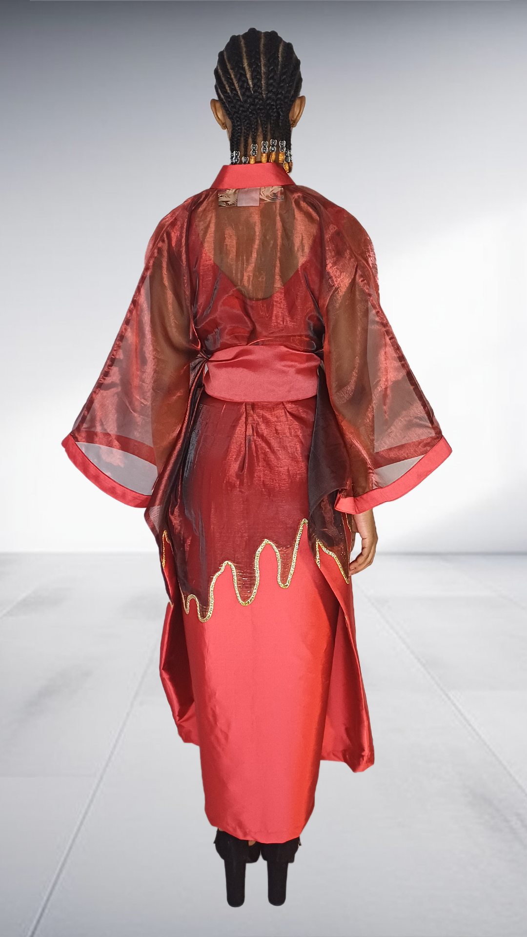 Agape Red Satin Kimono Robe with Gold Embellishment