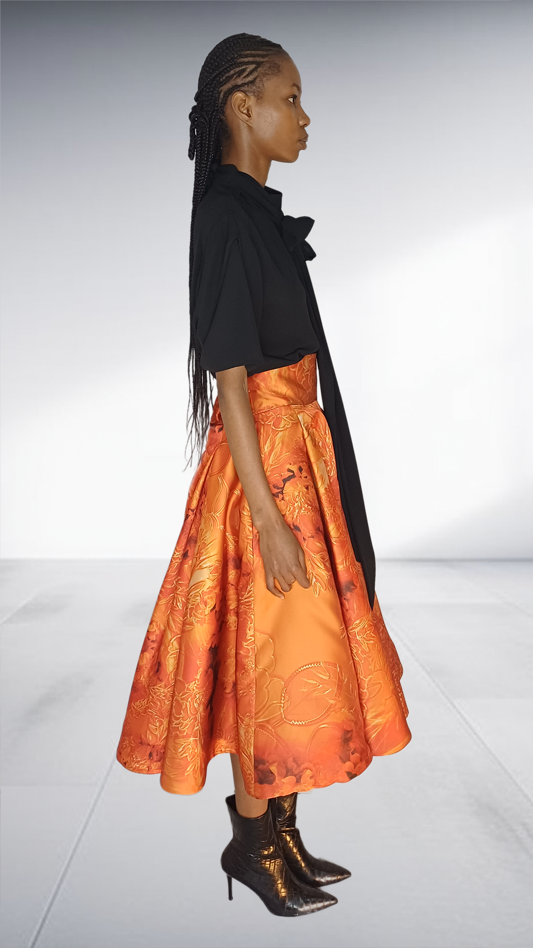 David Tlale Black Bow Blouse & Orange Brocade Skirt Two-Piece Set