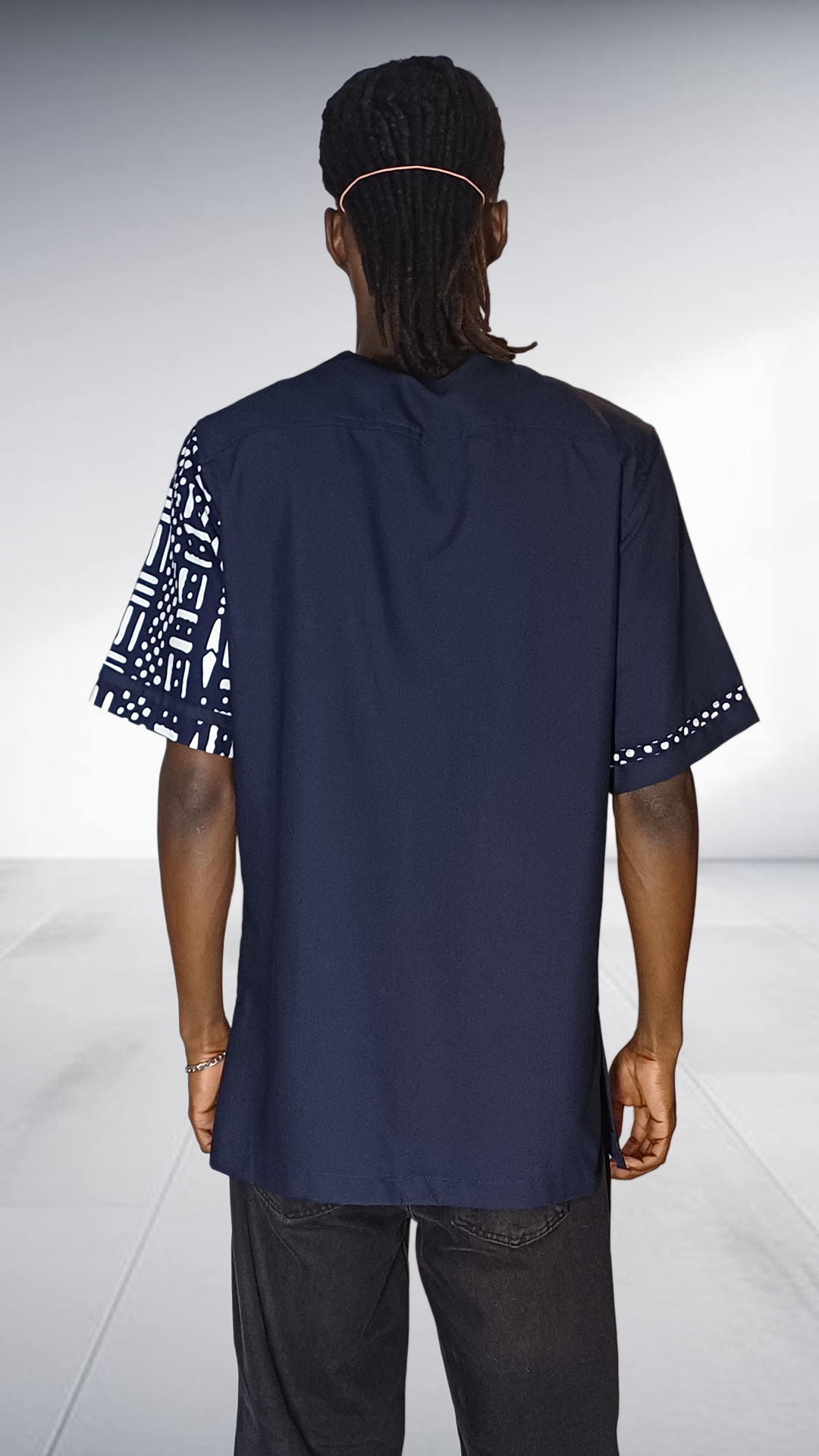 Lolo D Asymmetric Mudcloth Print Short Sleeve Shirt - Navy & White