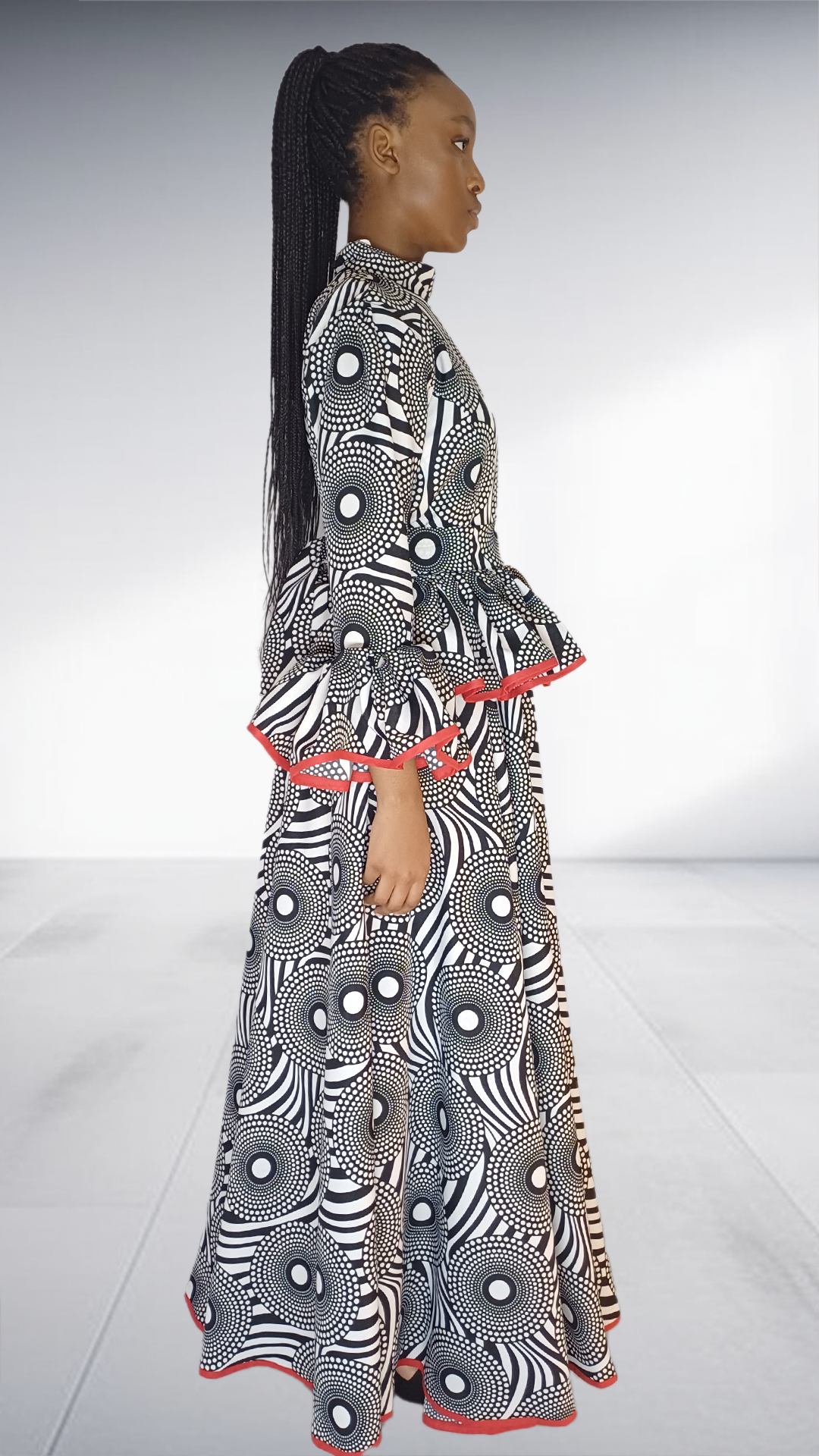 Imprint Black & White Abstract Print Maxi Dress with Red Trim