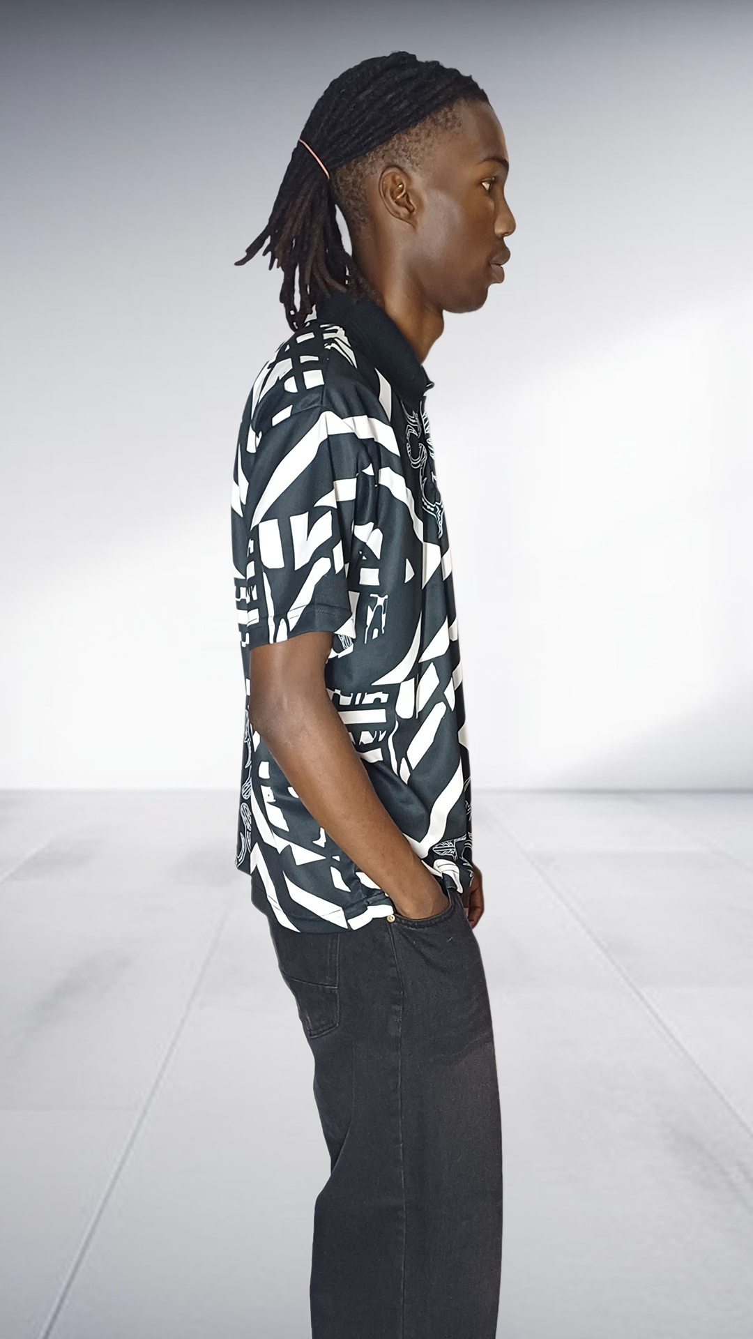 Imprint Geometric African Motif Golf Shirt - Black & White