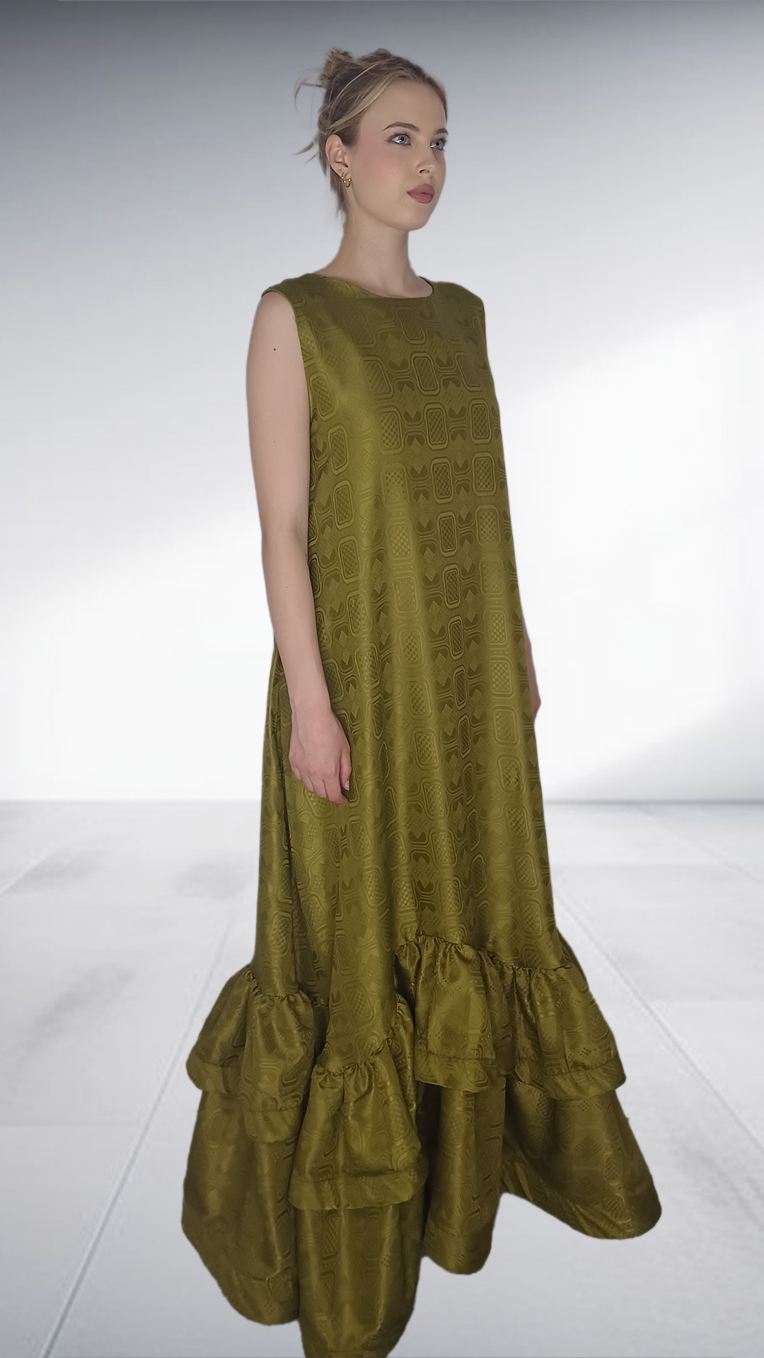Thula Sindi - Alabo Olive Green Embossed Ruffle Hem Maxi Dress