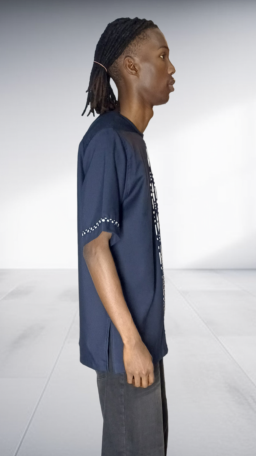 Lolo D Asymmetric Mudcloth Print Short Sleeve Shirt - Navy & White