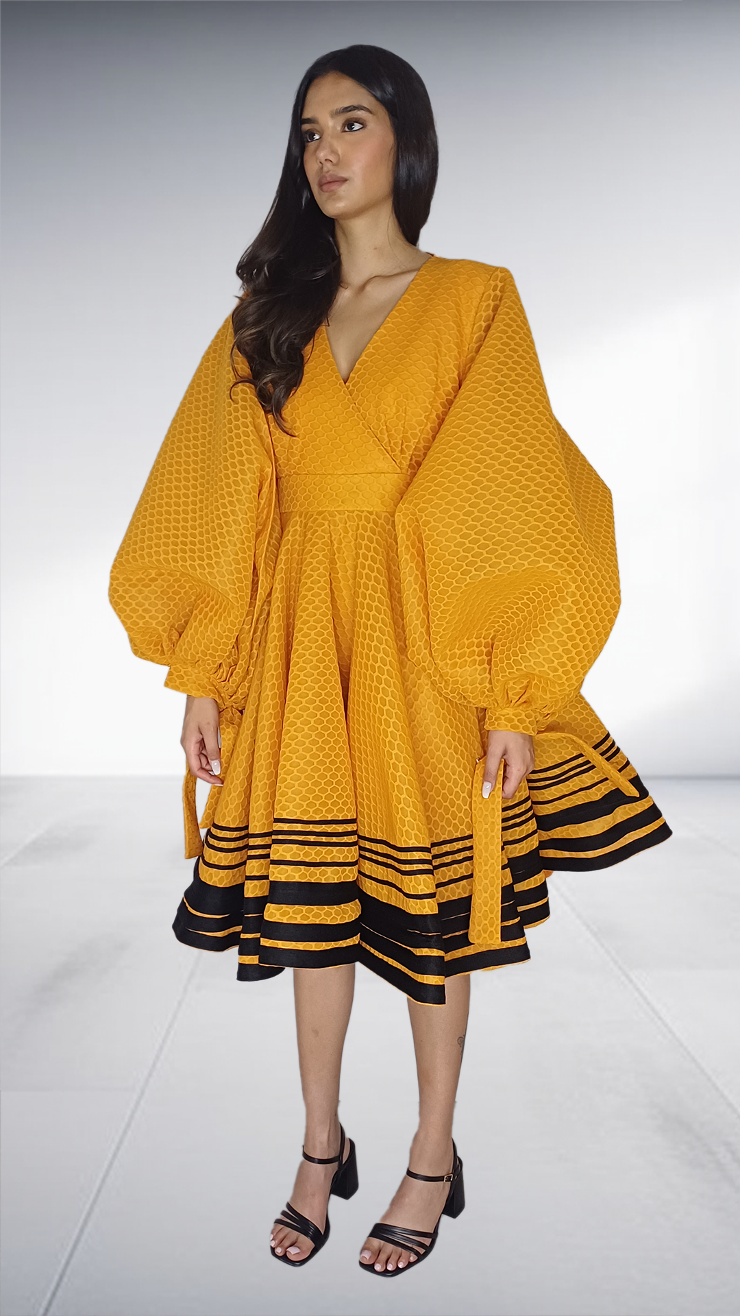 Golden Yellow Honeycomb Textured Balloon Sleeve Dress