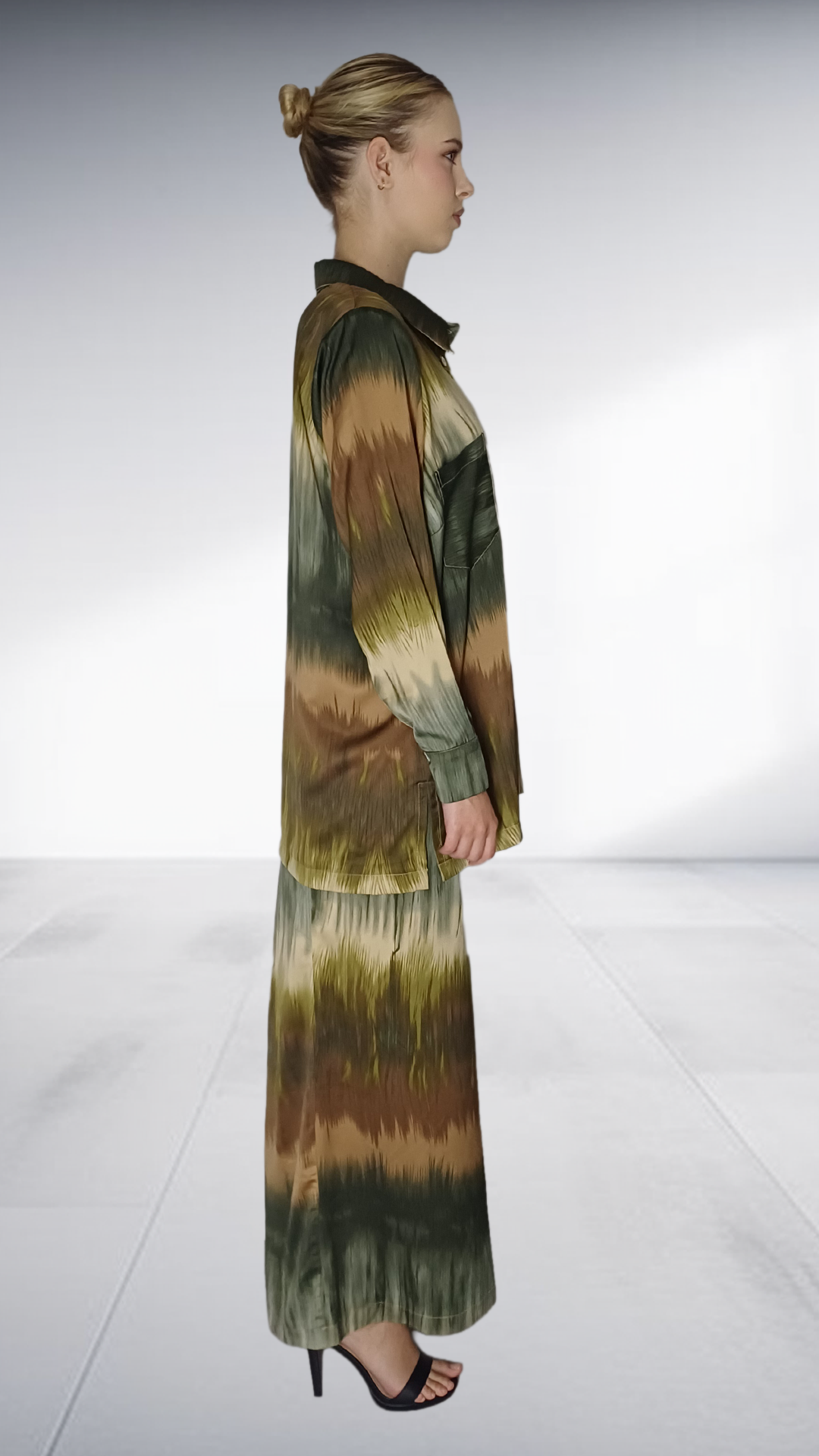Nina Sedumedi Abstract Print Shirt & Wide-Leg Pants Set - Olive, Taupe & Cream
