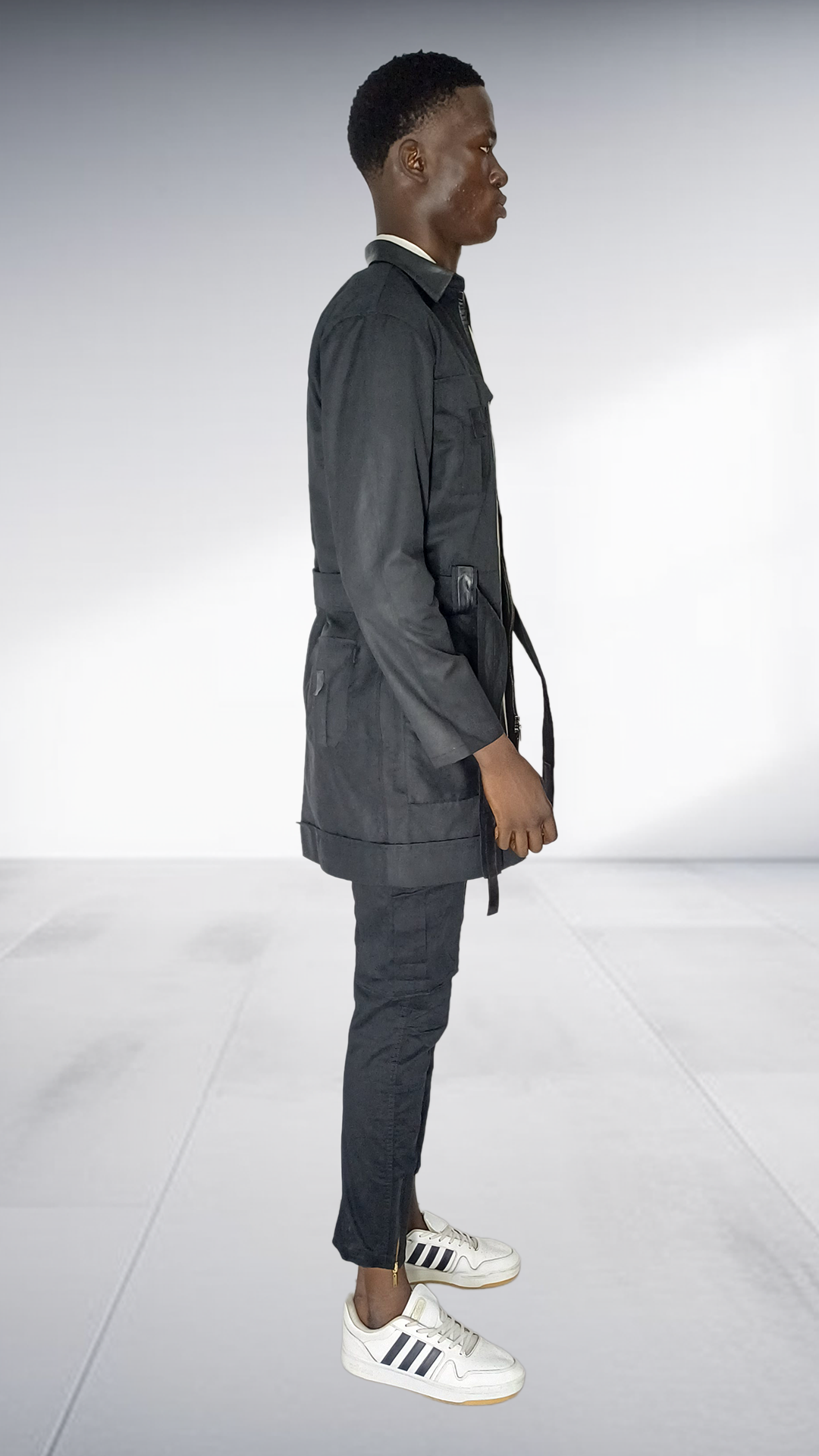 Naked Ape Oil Skin Jacket, Linen Mandarin Shirt & Cargo Pants Set - Black