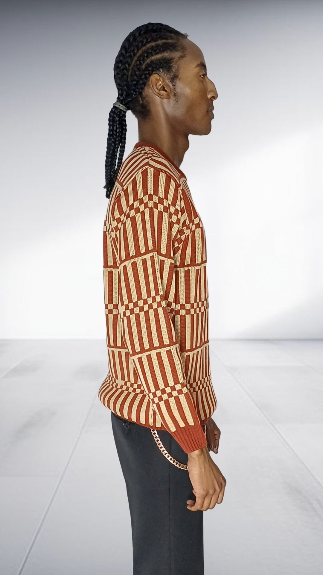 Chale Striped & Checkered Knit Sweater - Rust & Cream