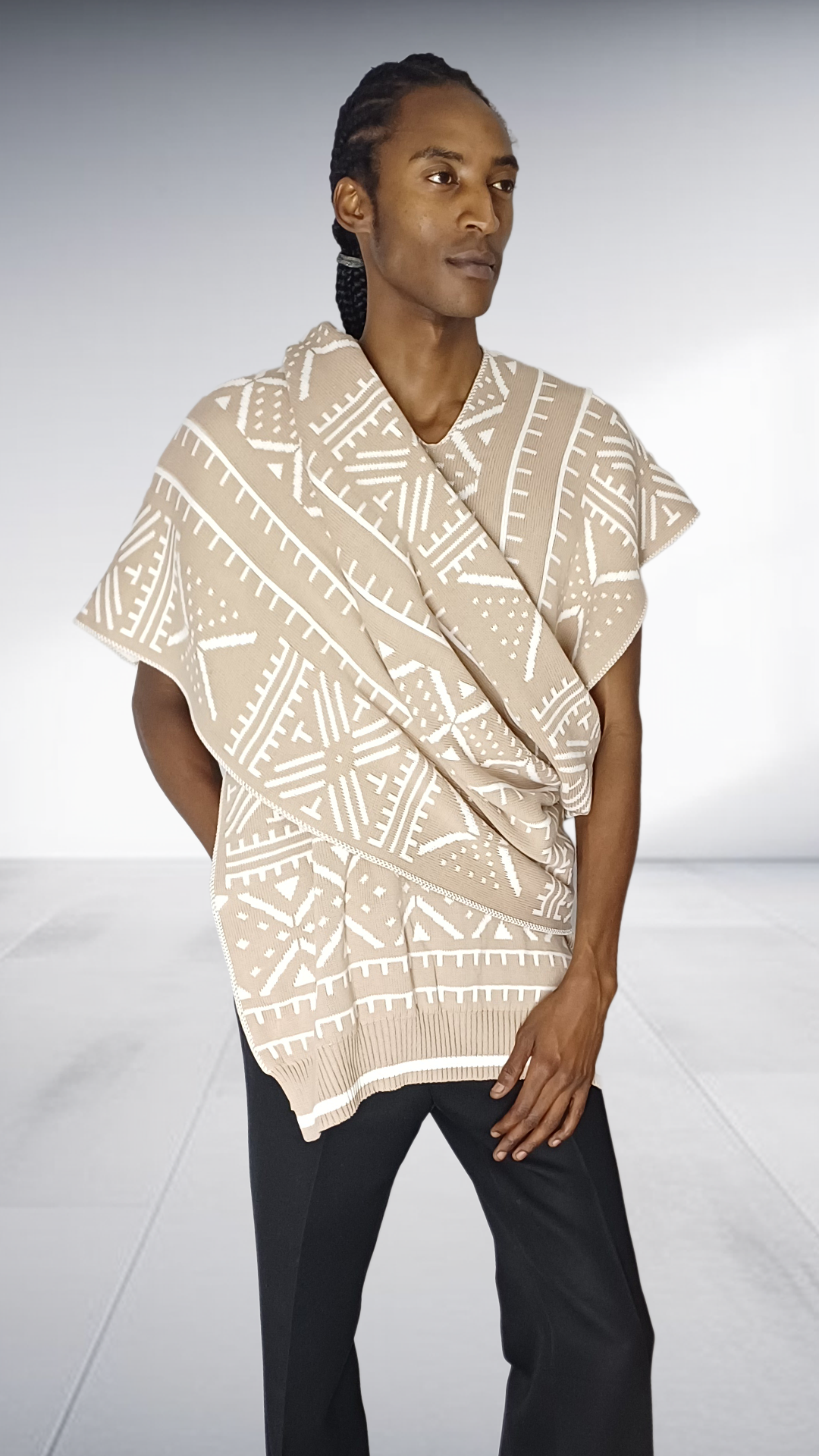 Mille Collines Kichana Wrap Shawl - Beige & White Geometric