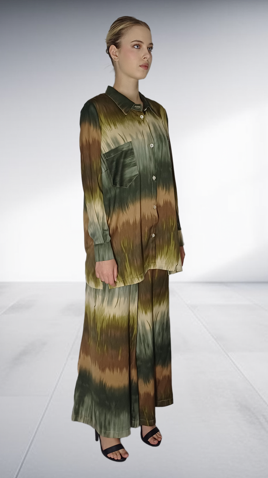 Nina Sedumedi Abstract Print Shirt & Wide-Leg Pants Set - Olive, Taupe & Cream