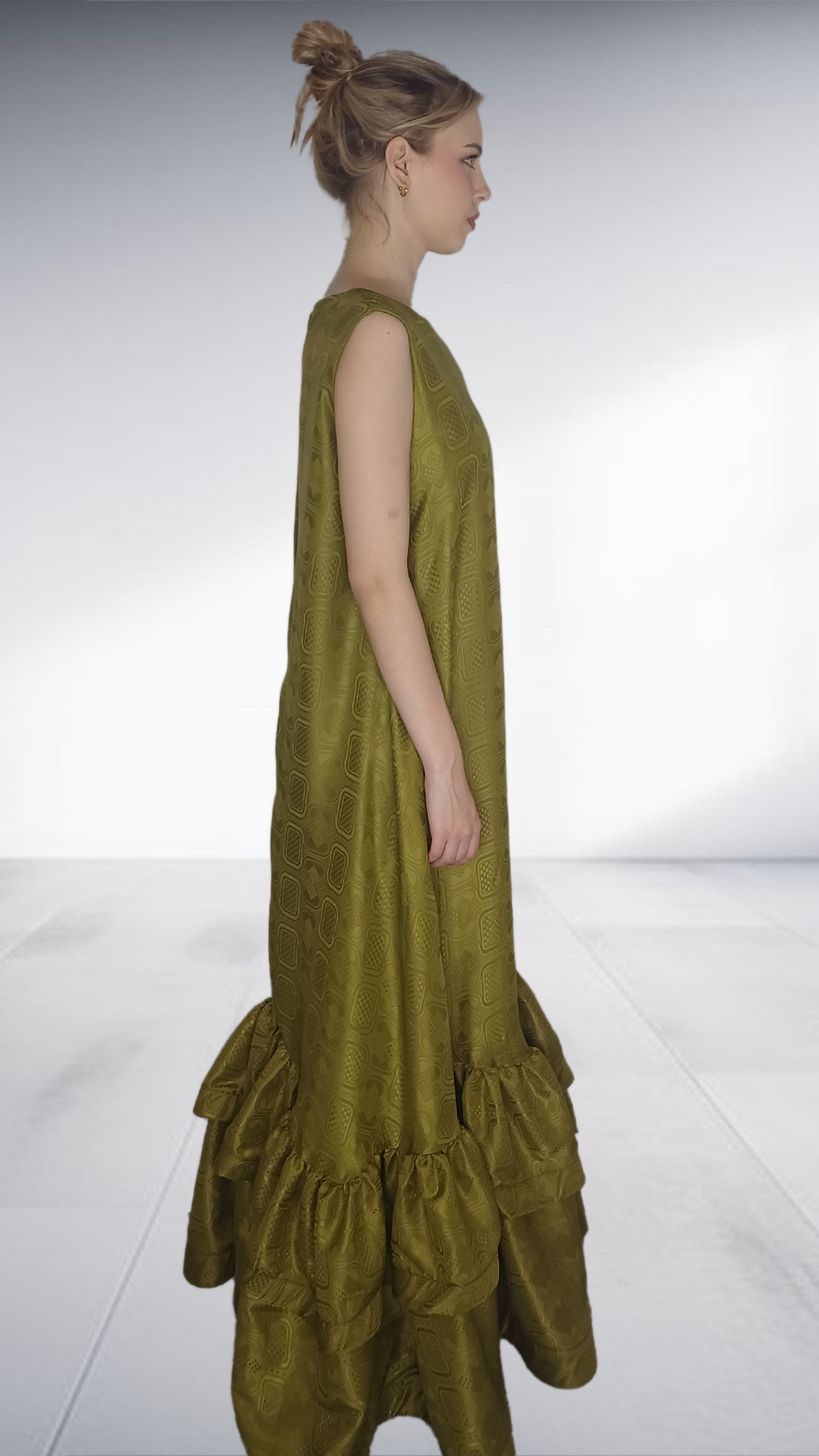Thula Sindi - Alabo Olive Green Embossed Ruffle Hem Maxi Dress