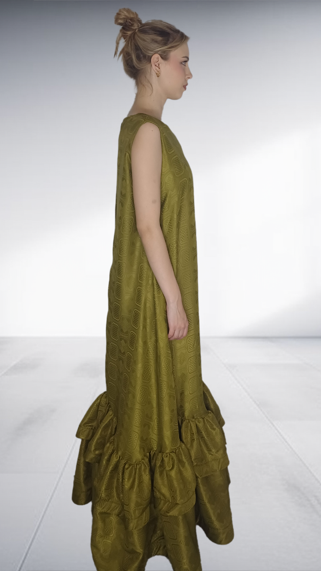 Alabo - Olive Green Embossed Ruffle Hem Maxi Dress