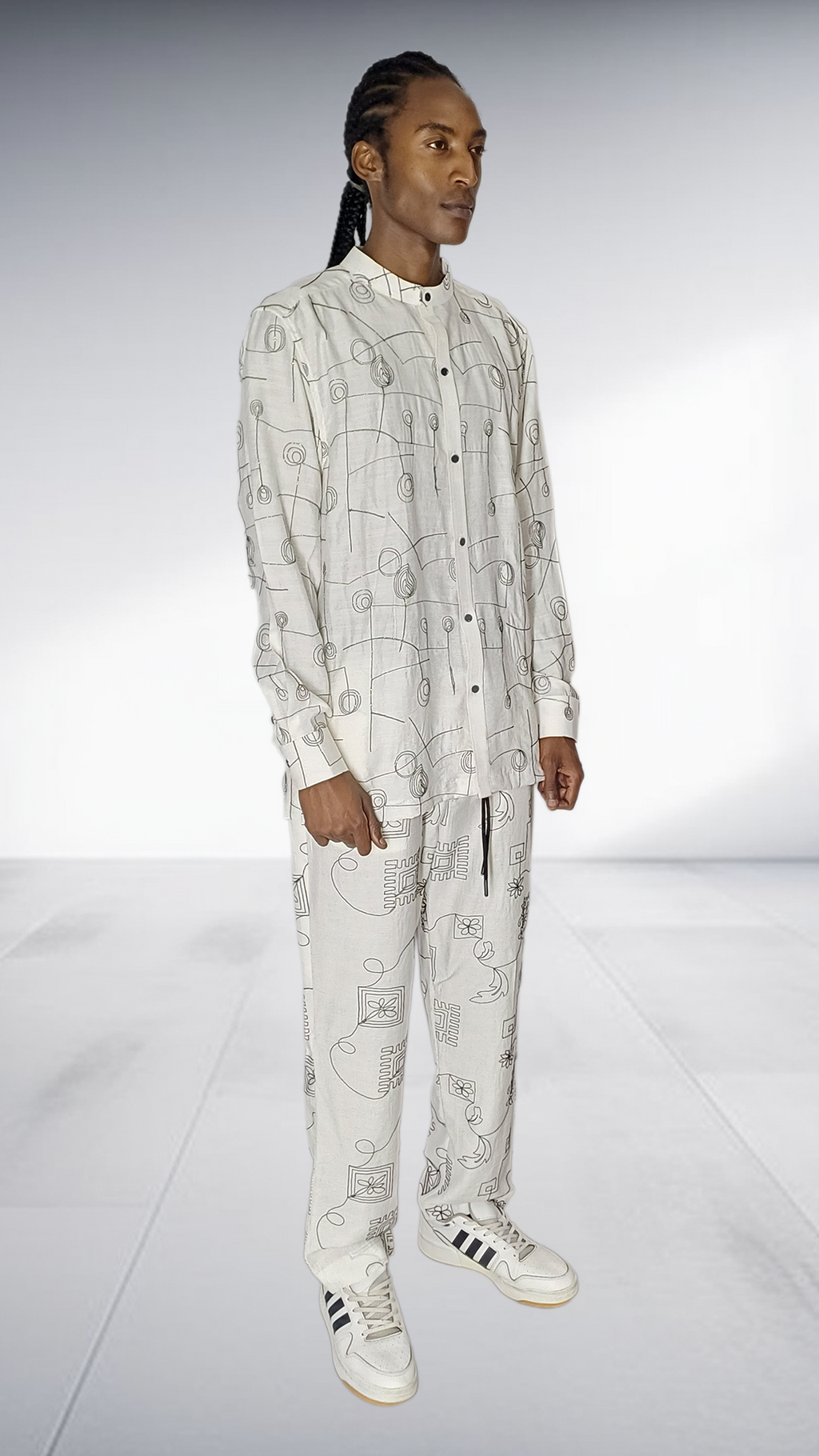 Ephymol Embroided Abstract Line Art Two-Piece Set - Cream