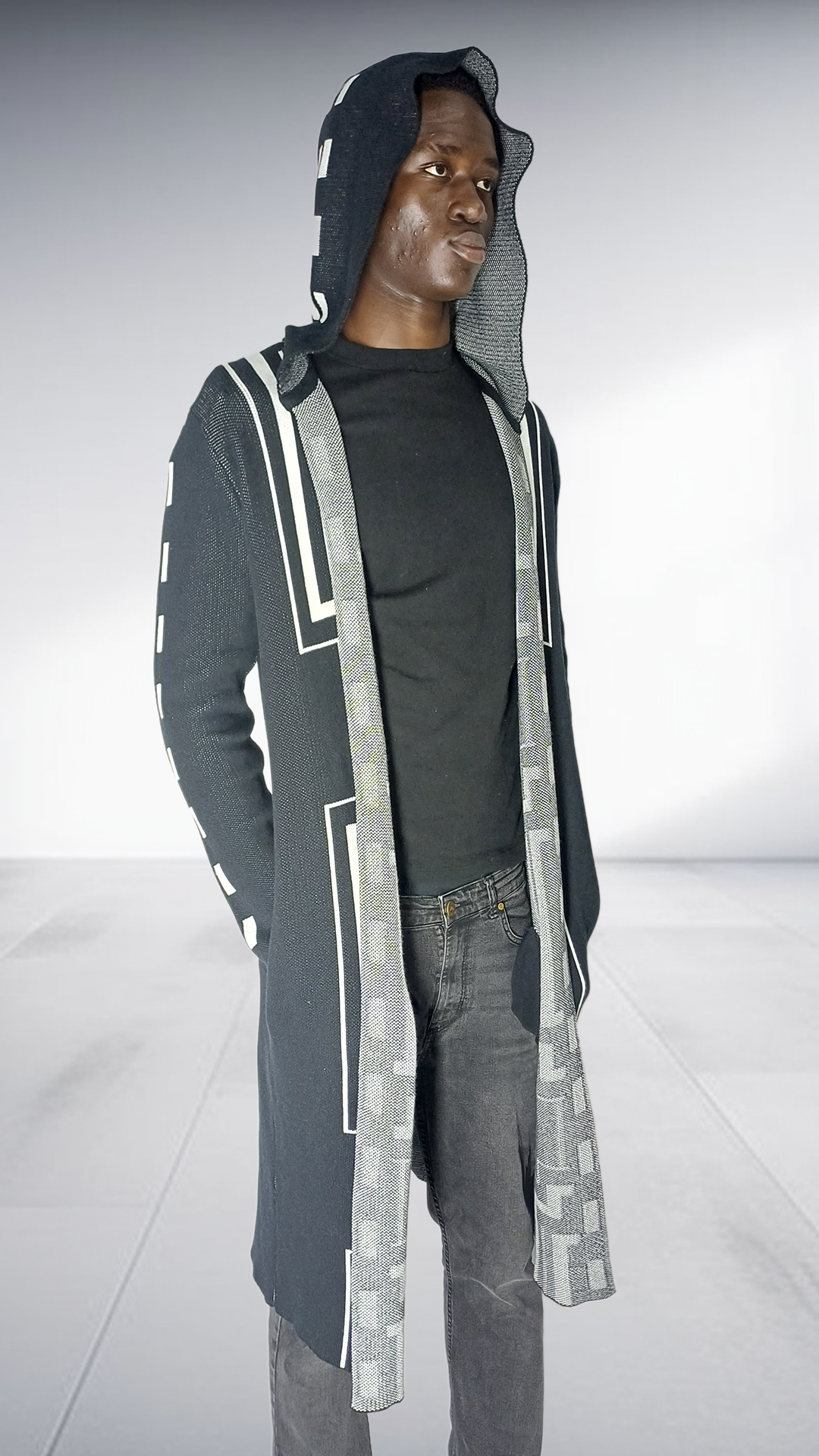 Zeitgeist Geometric Tracks Maxi Cardigan - Black, White & Silver