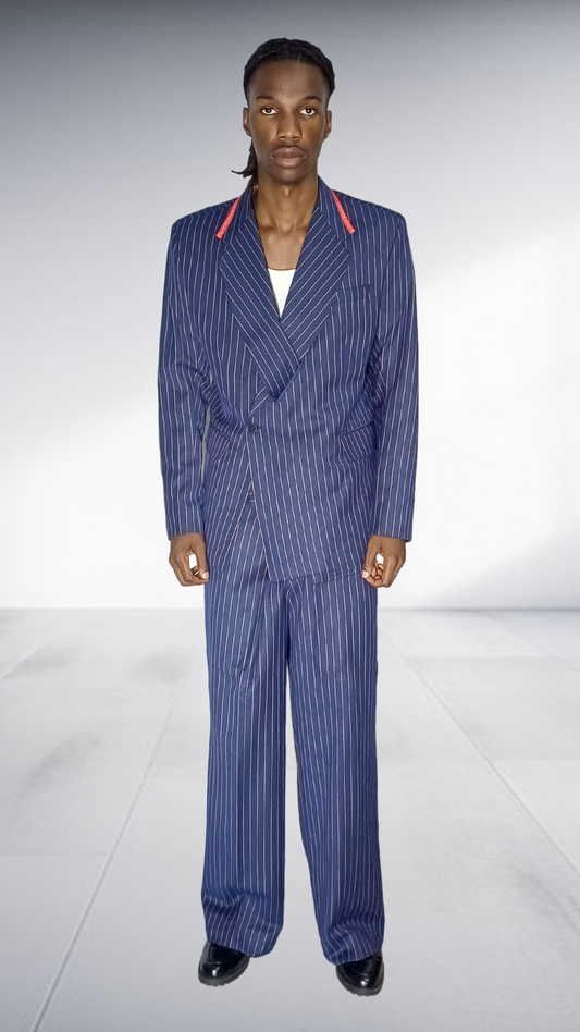 Fundundzi Navy Pinstripe Suit Set with Rust Orange Accents - Double-Breasted Blazer & Wide-Leg Pants