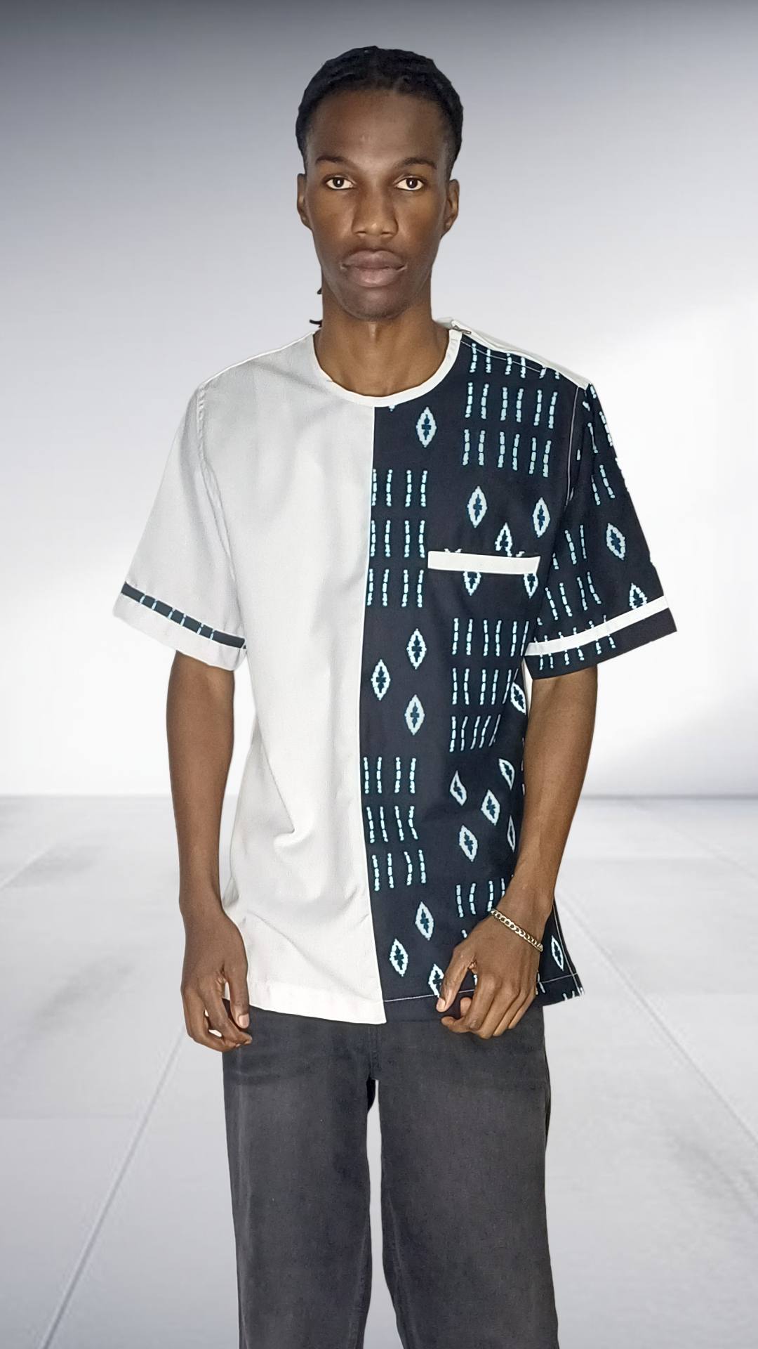 Lolo D Asymmetric Mudcloth Print Short Sleeve Shirt - White & Black