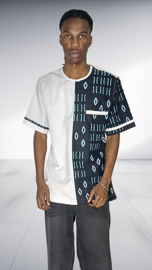 Lolo D Asymmetric Mudcloth Print Short Sleeve Shirt - White & Black