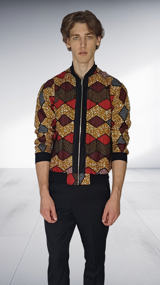 Nivaldo Thierry African Print Bomber Jacket - Burgundy & Gold