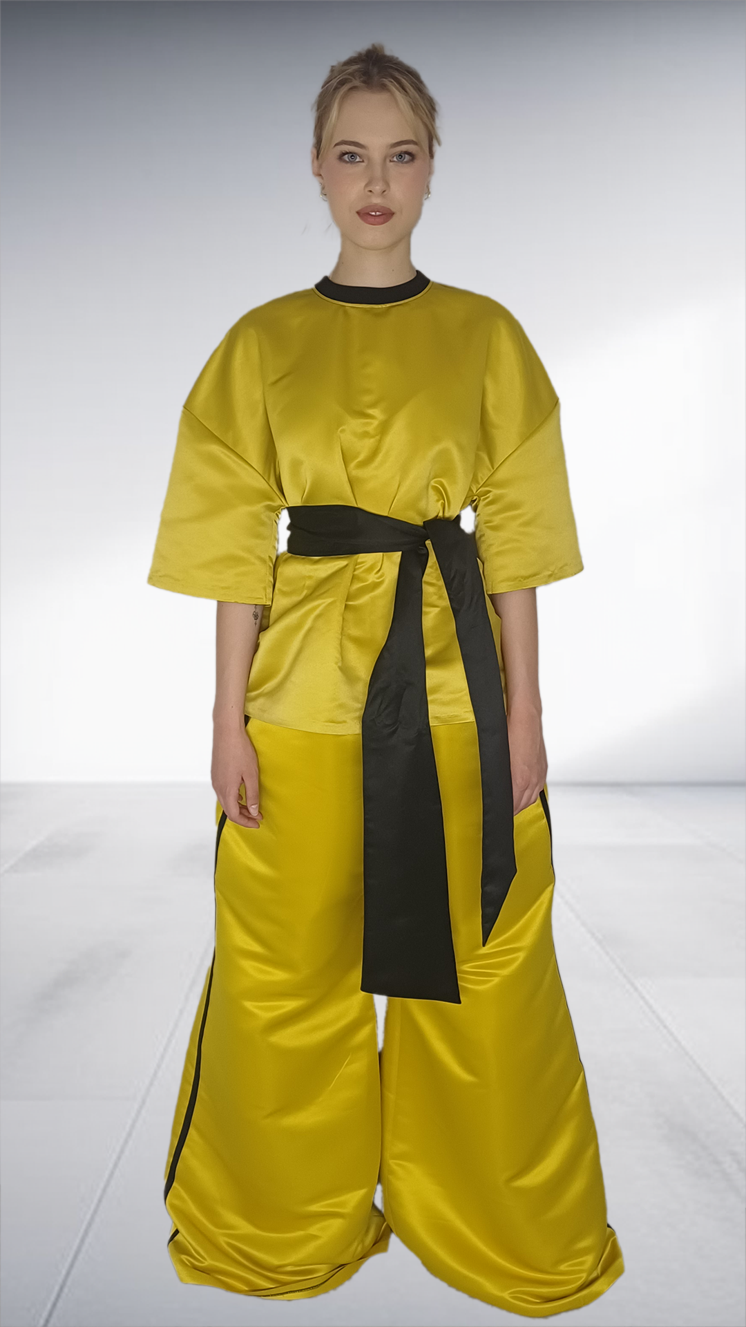 Matte Nolim Chartreuse Satin Wide-Leg Palazzo Set