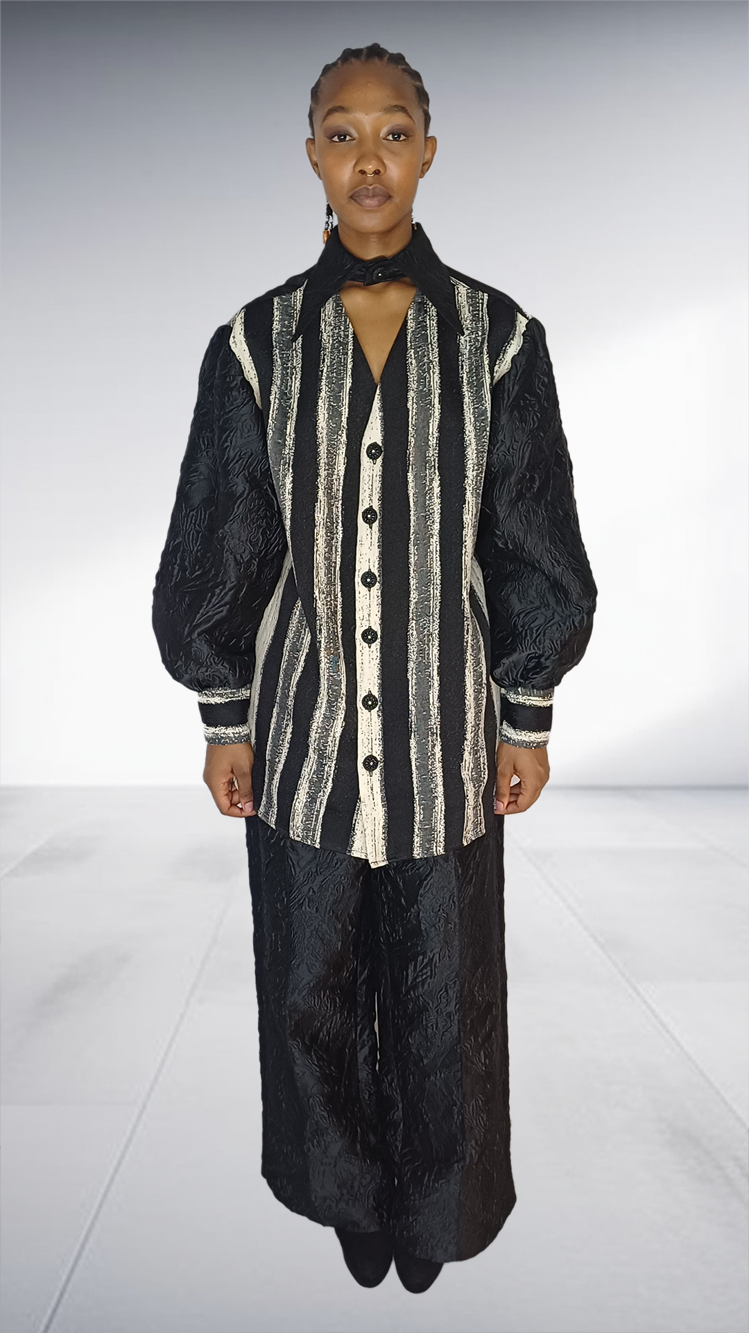 Agape Black Jacquard Silver Striped Two-Piece Set