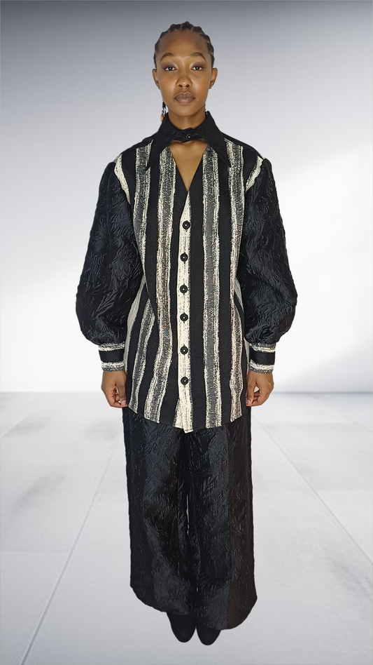 Black Jacquard Silver Striped Two-Piece Set