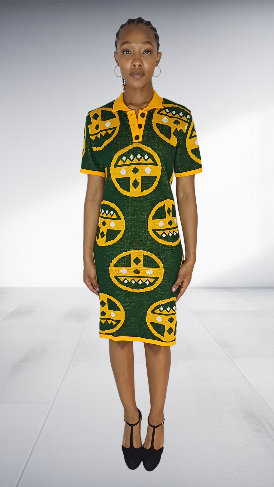 Isiqhaza Green & Gold African Mask Motif Polo Dress