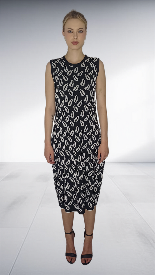 Cedi - Black & White Feather Print Sleeveless Midi Dress