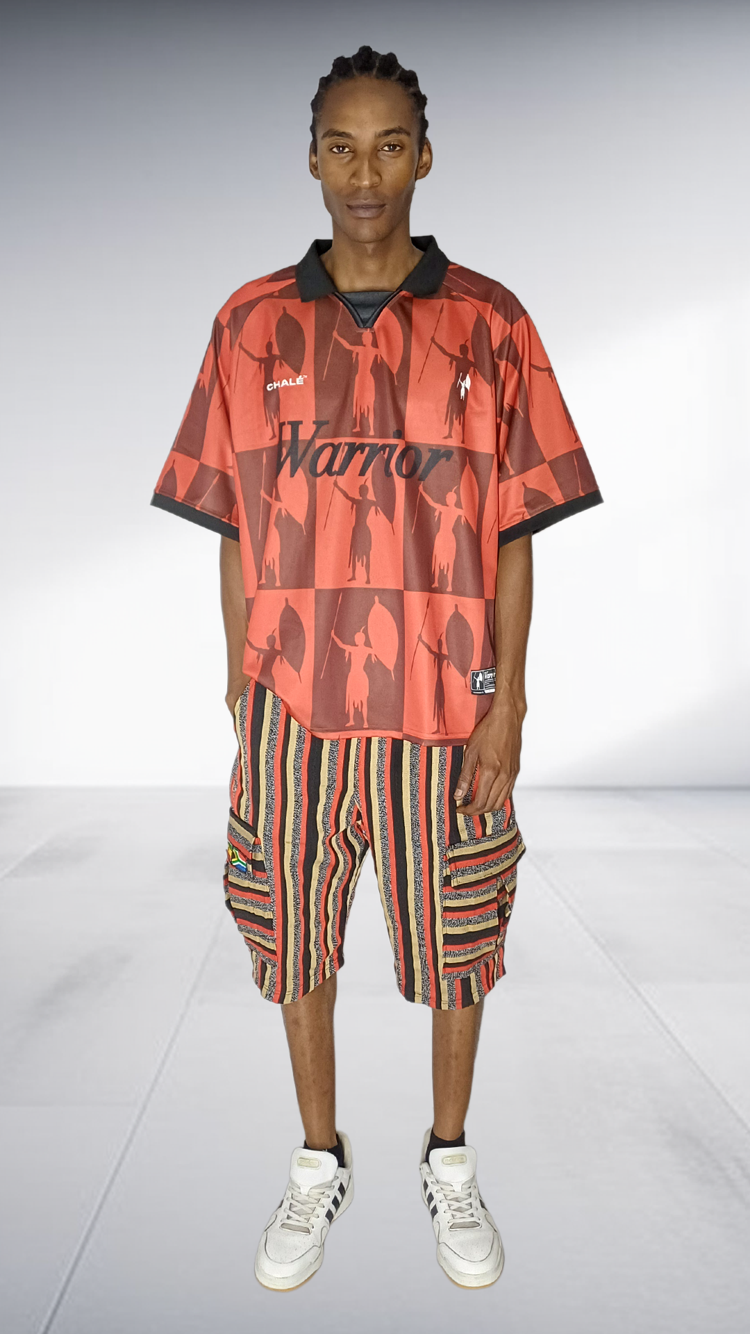 Chale Warrior Jersey & Striped Cargo Shorts Set - Coral