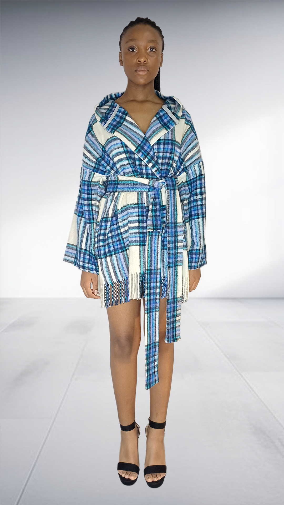 Twii Afrika Blue Plaid Short Kobo with Fringe Belt