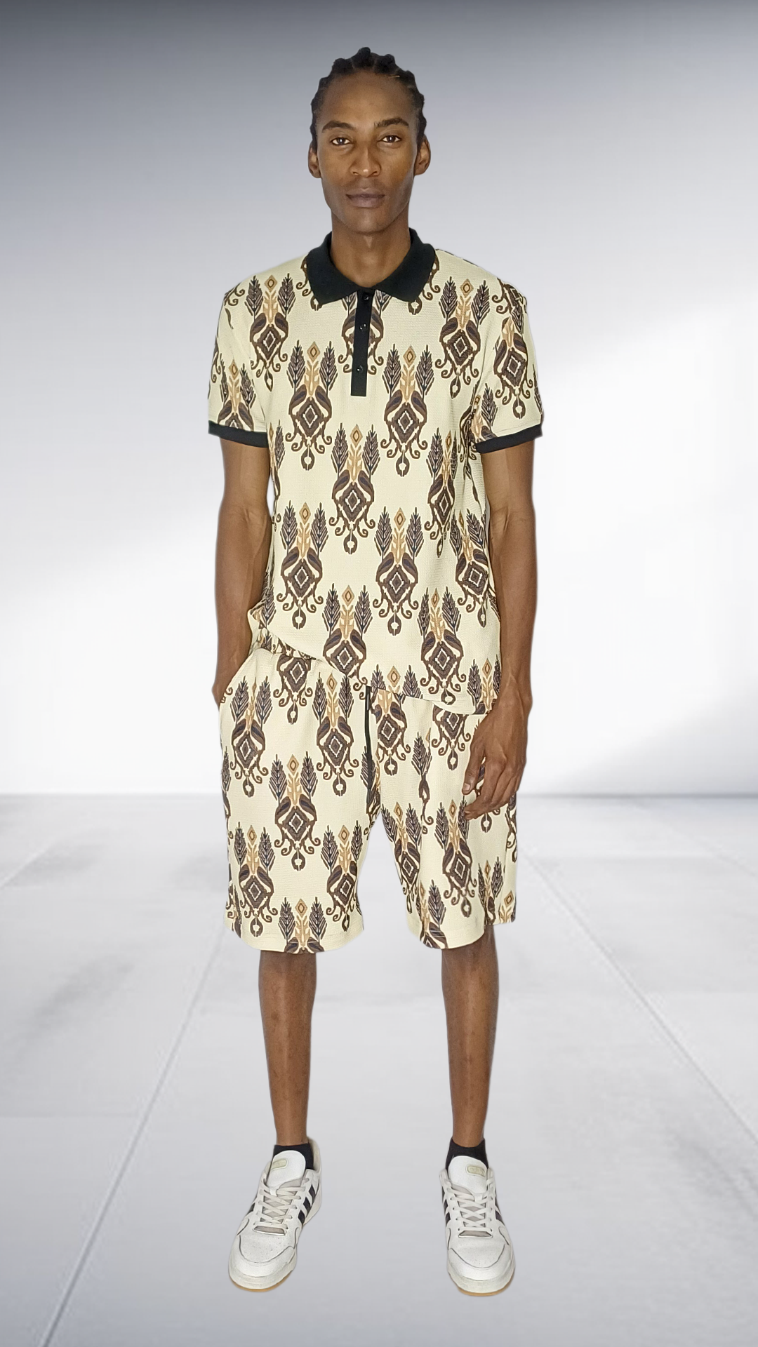 Ephymol Traditional Polo & Shorts Set - Cream & Brown