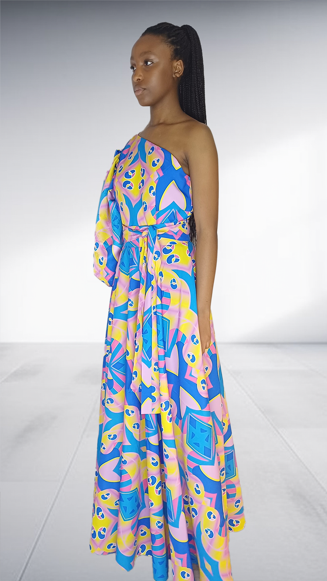 Imprint Vibrant Abstract Print One-Shoulder Maxi Dress