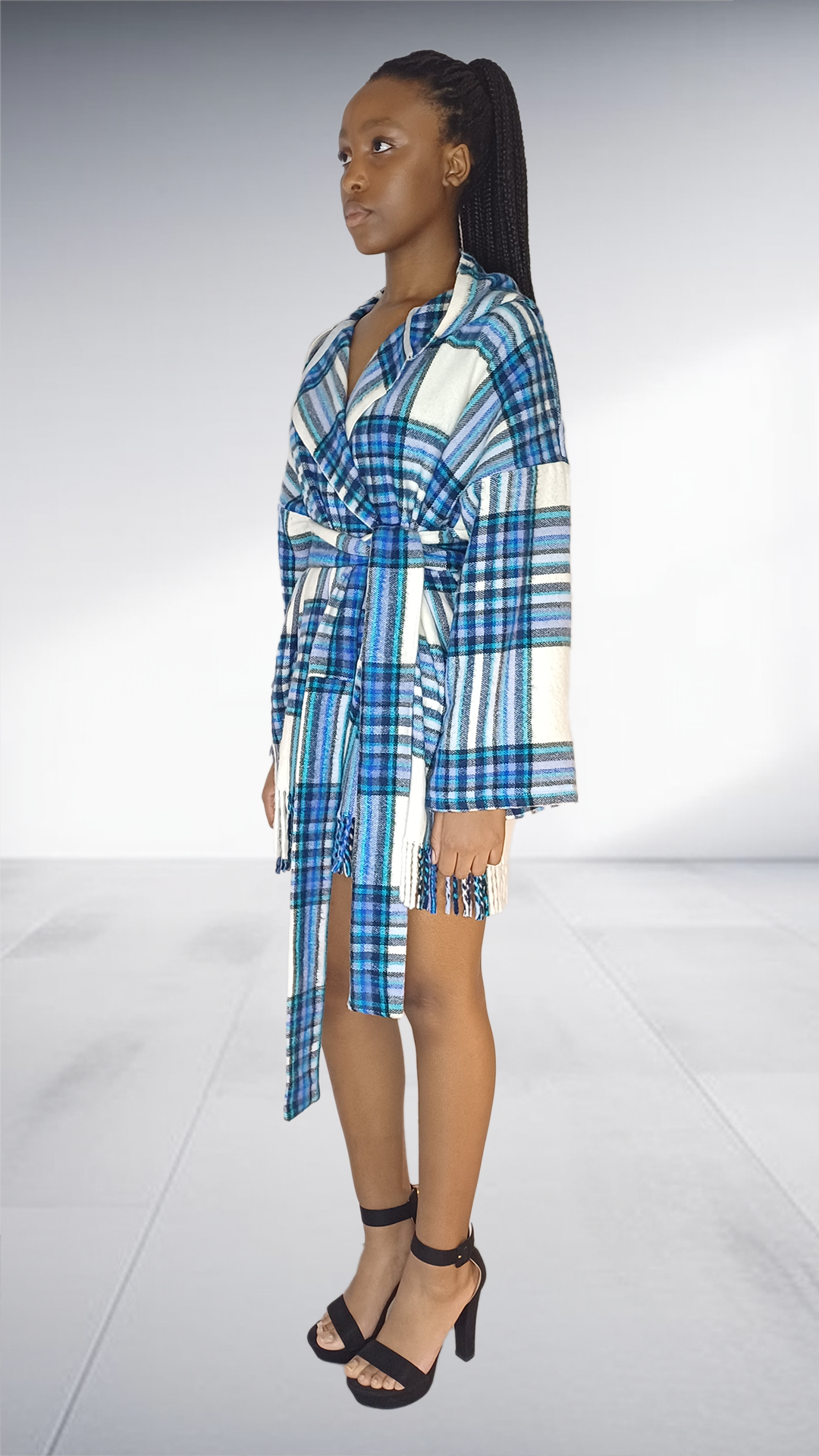 Twii Afrika Blue Plaid Short Kobo with Fringe Belt