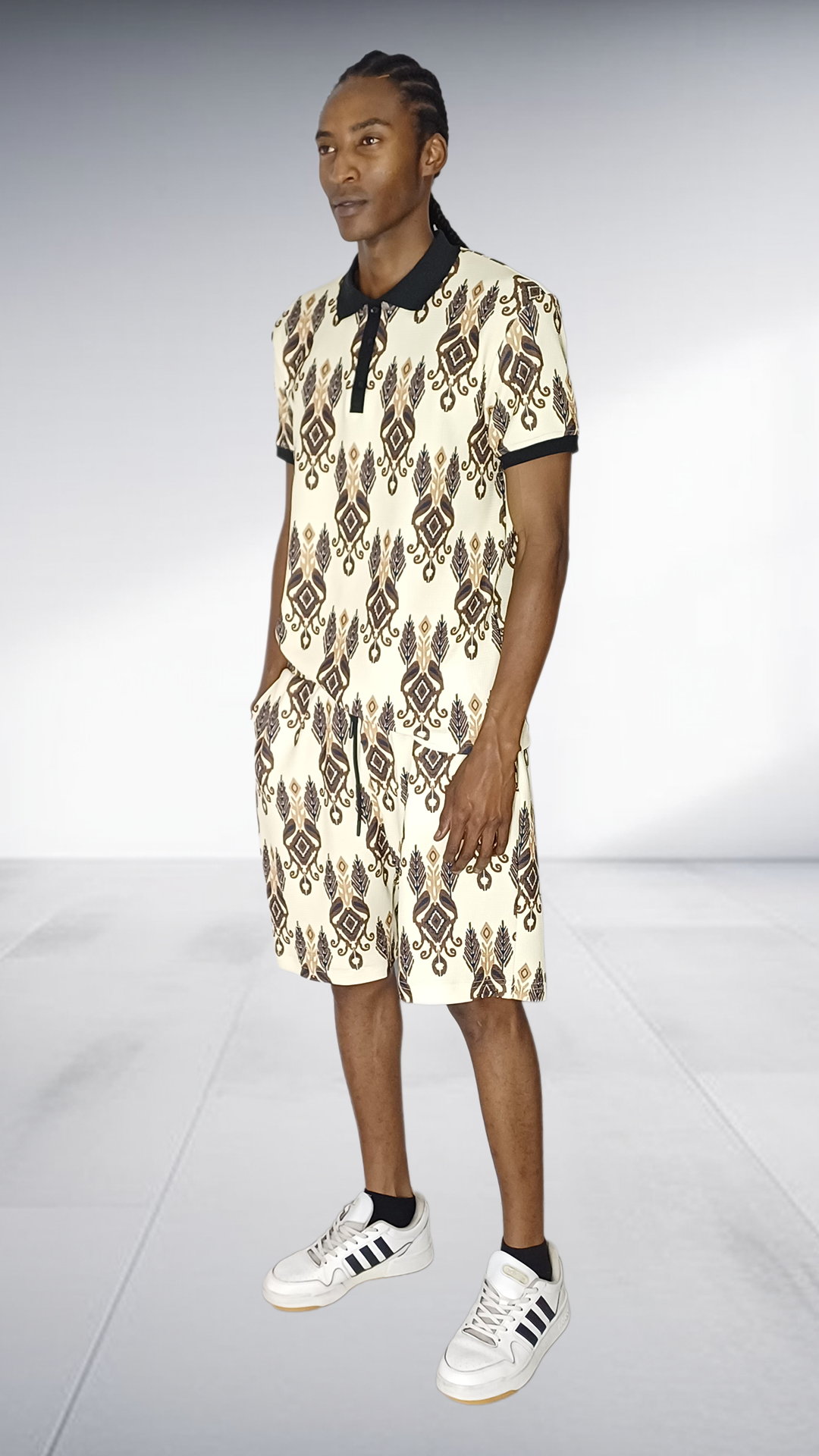 Ephymol Traditional Polo & Shorts Set - Cream & Brown