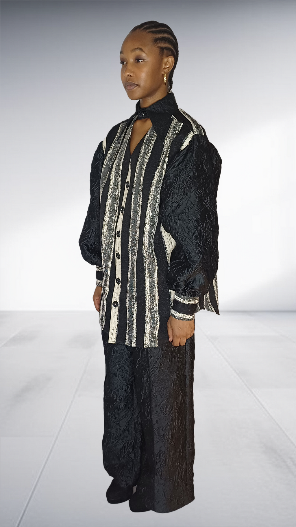 Agape Black Jacquard Silver Striped Two-Piece Set