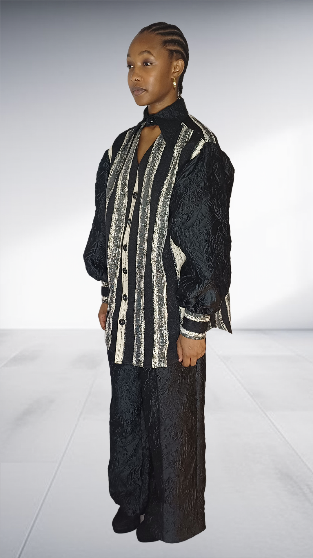 Agape Black Jacquard Silver Striped Two-Piece Set