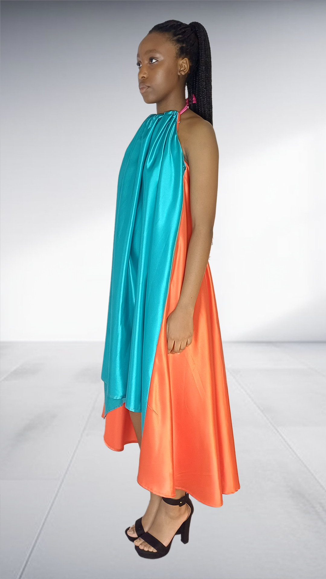Turquoise & Coral Color-Block Halter Maxi Dress