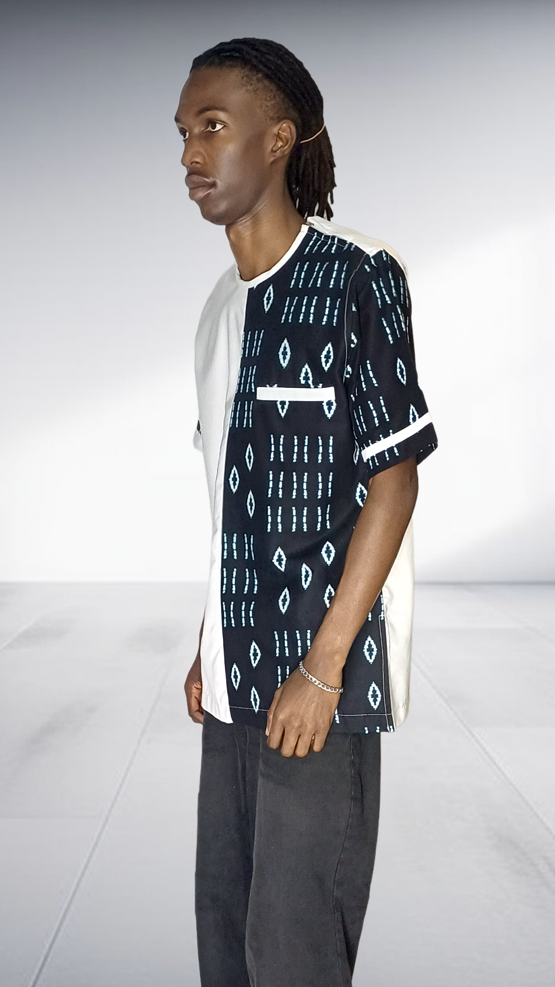 Lolo D Asymmetric Mudcloth Print Short Sleeve Shirt - White & Black