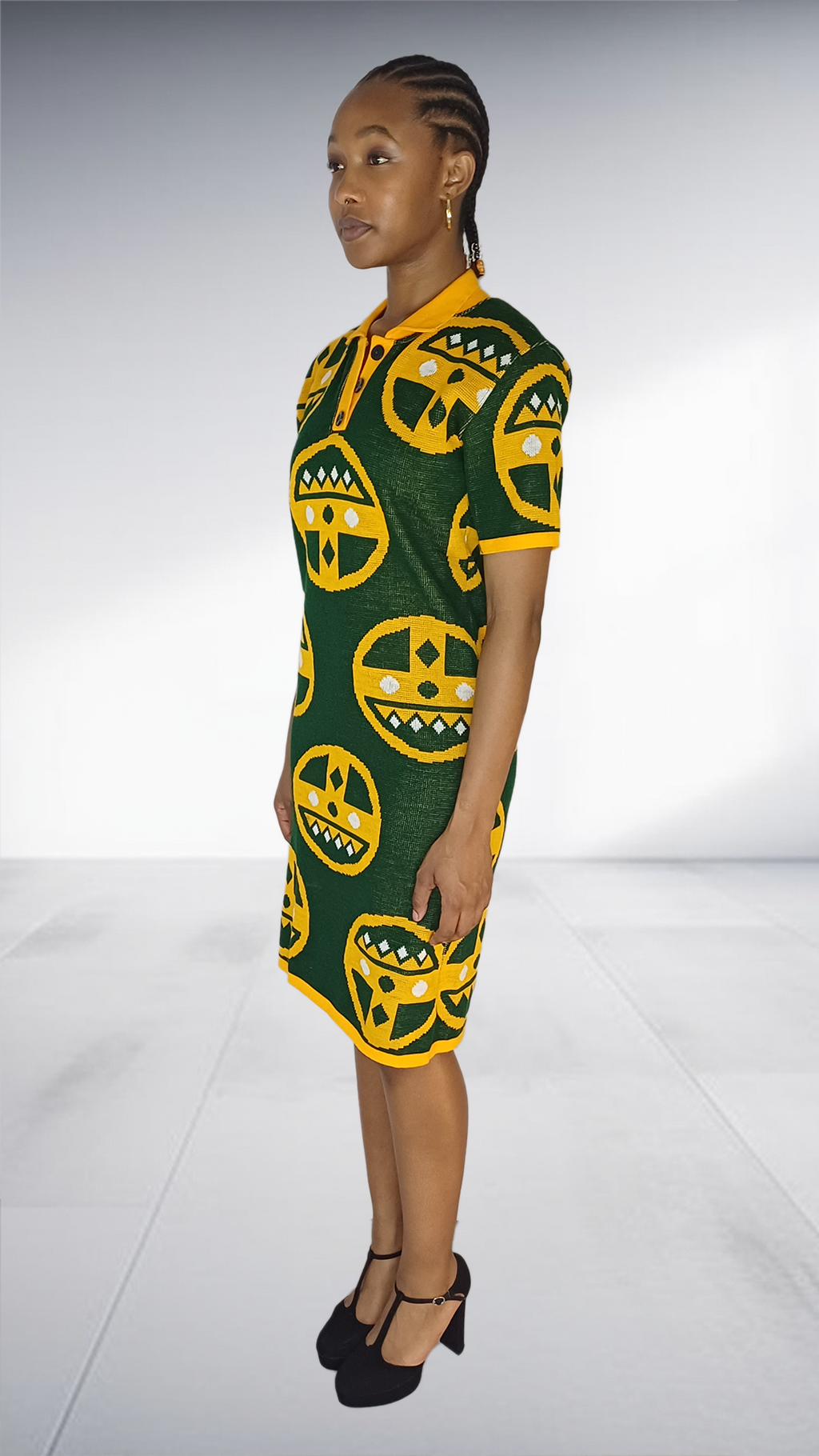 Isiqhaza Green & Gold African Mask Motif Polo Dress