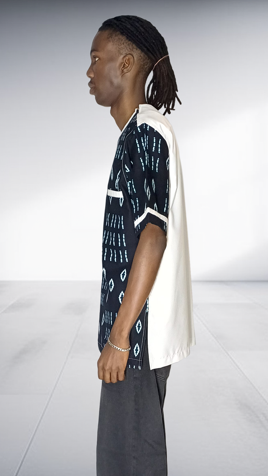 Lolo D Asymmetric Mudcloth Print Short Sleeve Shirt - White & Black