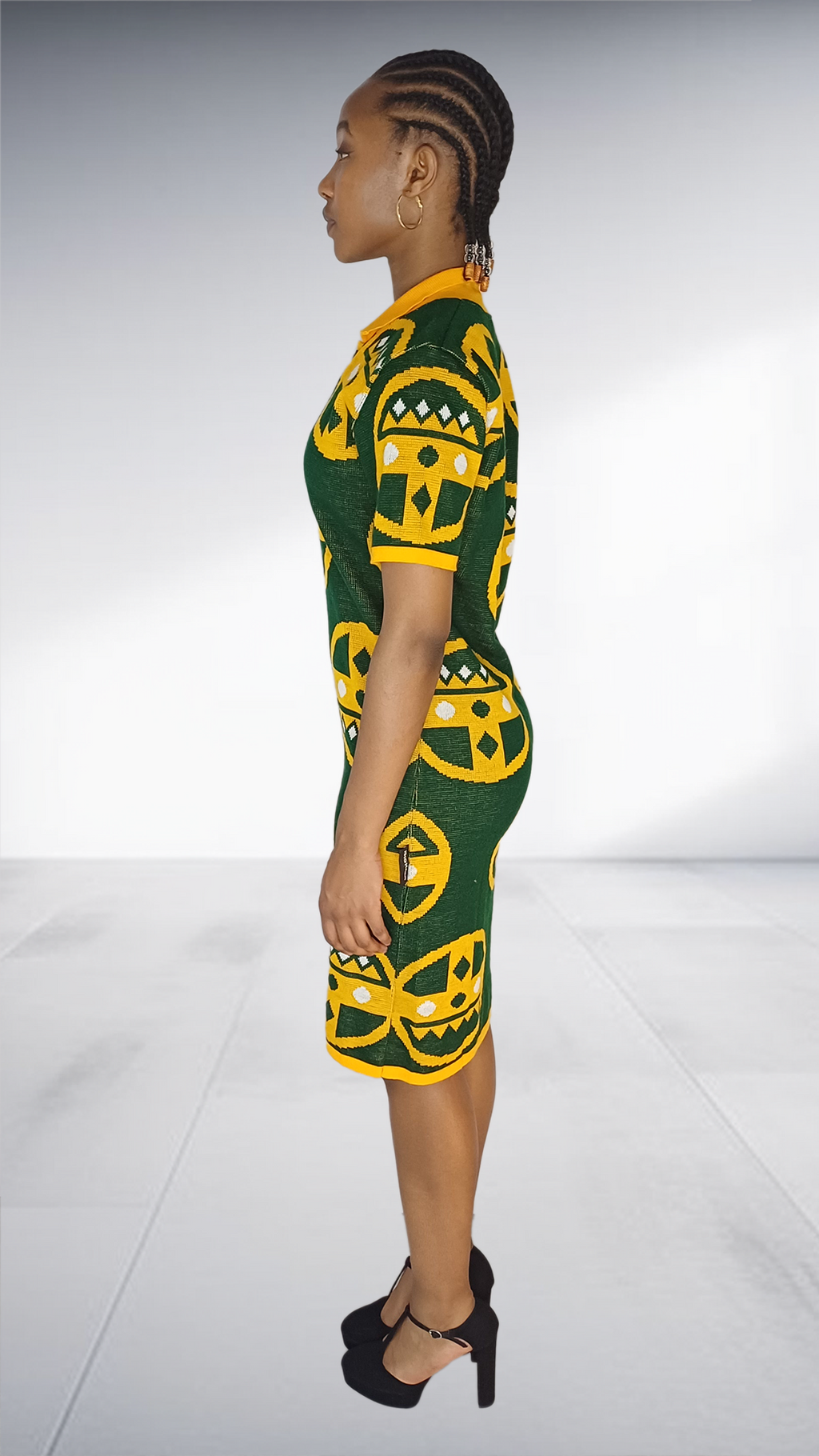 Isiqhaza Green & Gold African Mask Motif Polo Dress