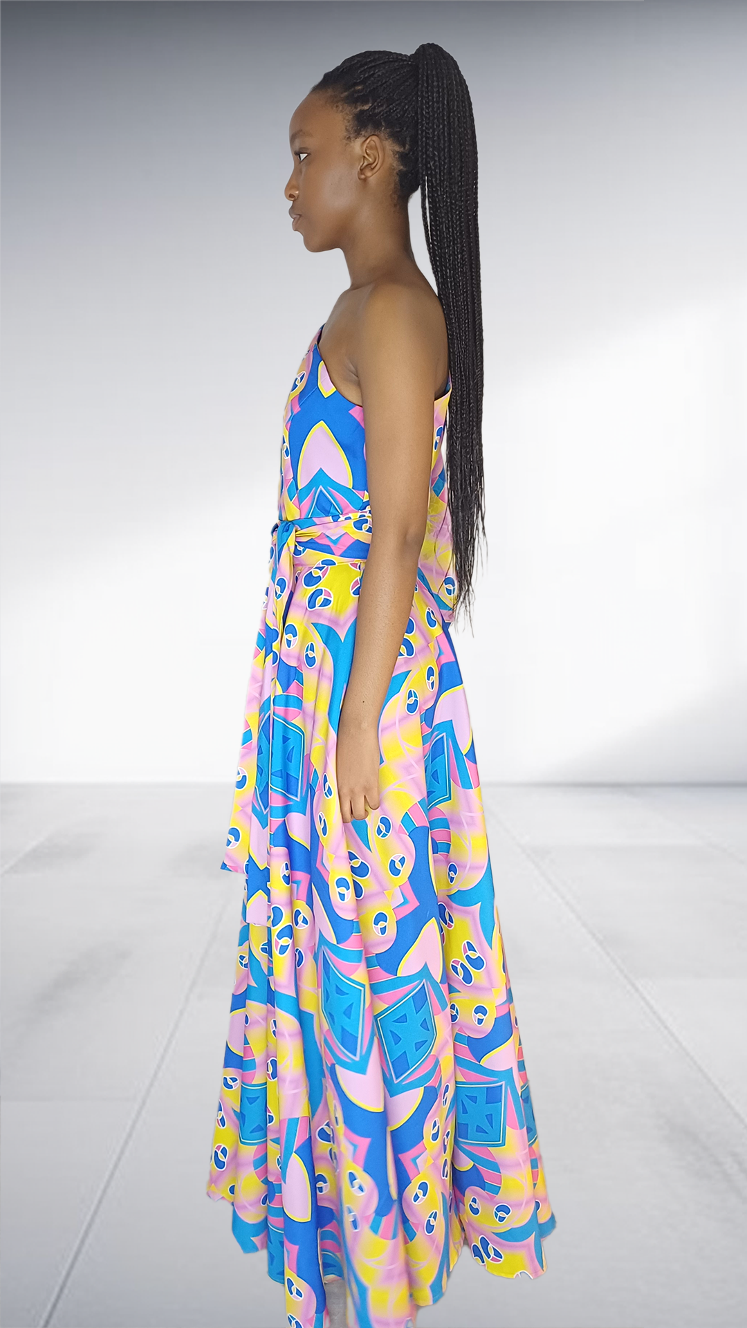 Imprint Vibrant Abstract Print One-Shoulder Maxi Dress