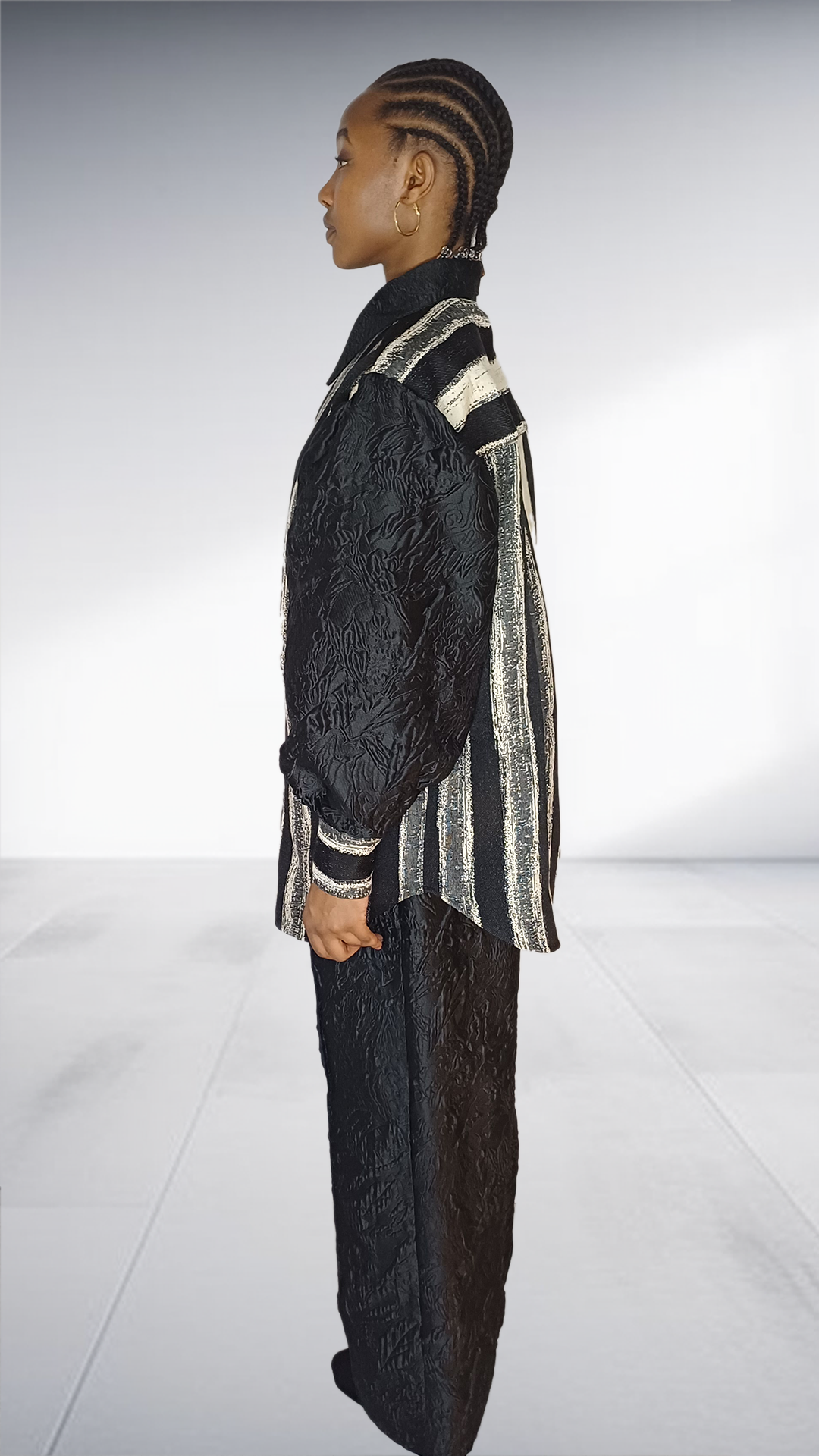 Agape Black Jacquard Silver Striped Two-Piece Set