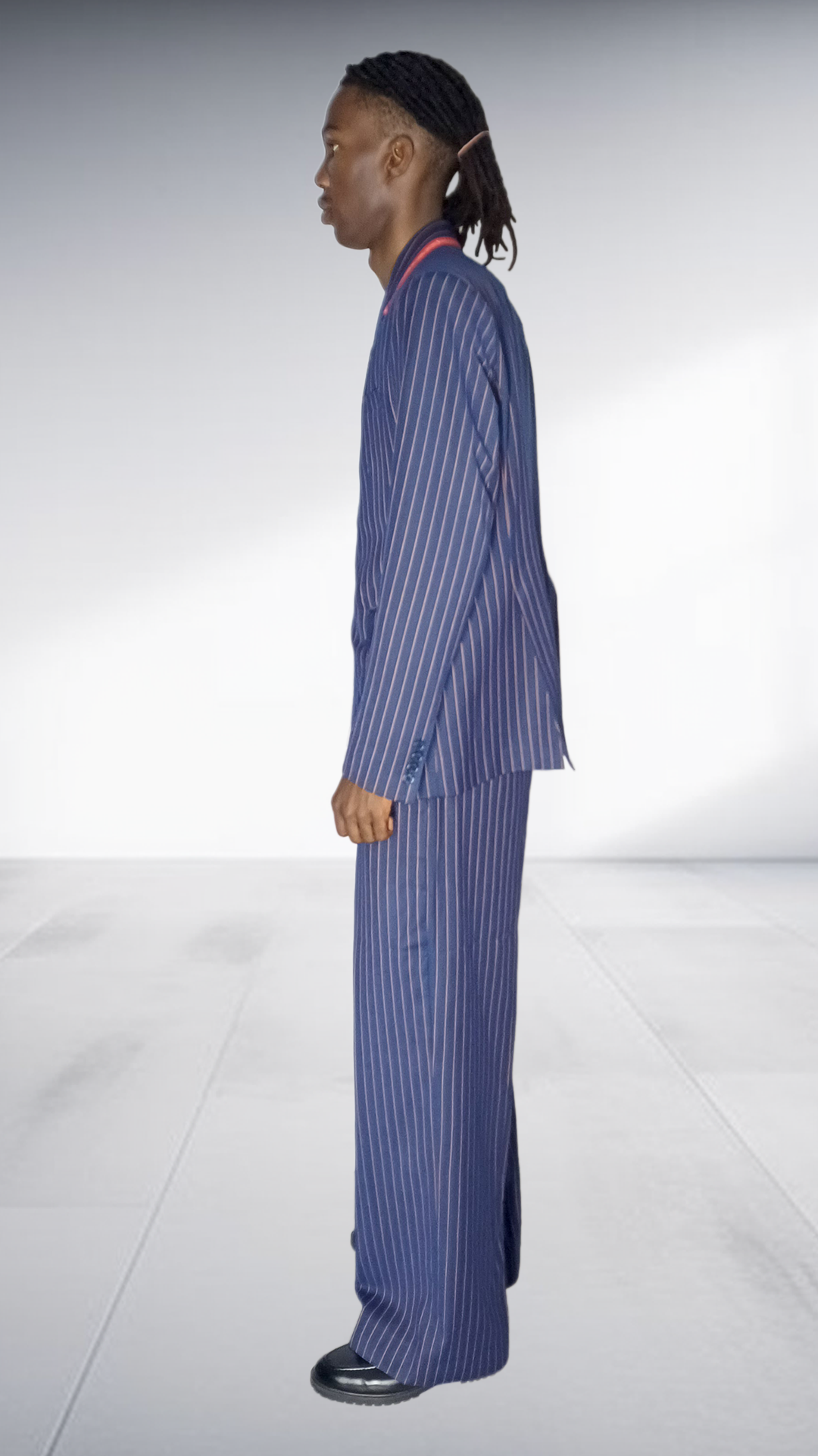 Fundundzi Navy Pinstripe Suit Set with Rust Orange Accents - Double-Breasted Blazer & Wide-Leg Pants