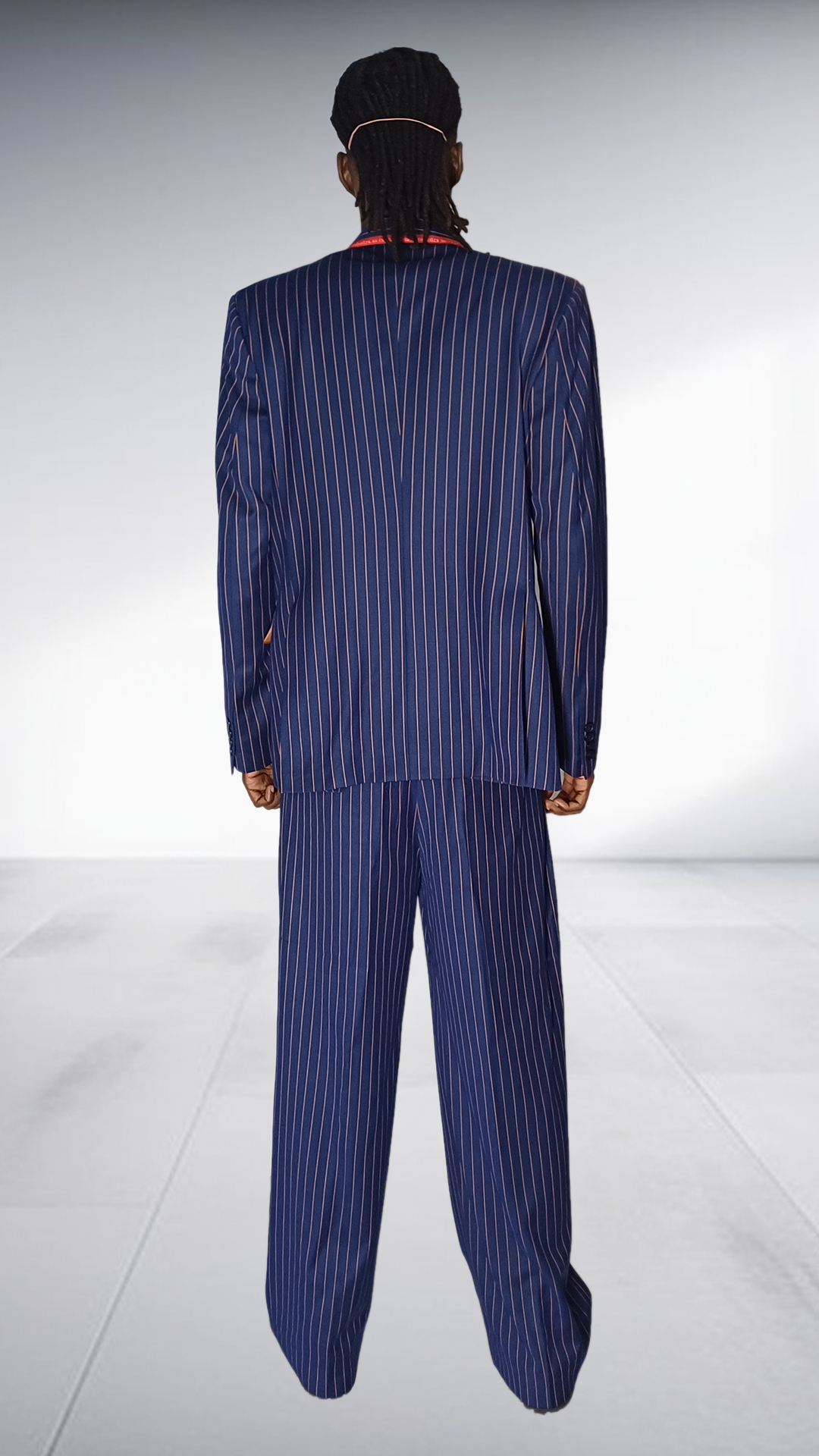 Fundundzi Navy Pinstripe Suit Set with Rust Orange Accents - Double-Breasted Blazer & Wide-Leg Pants