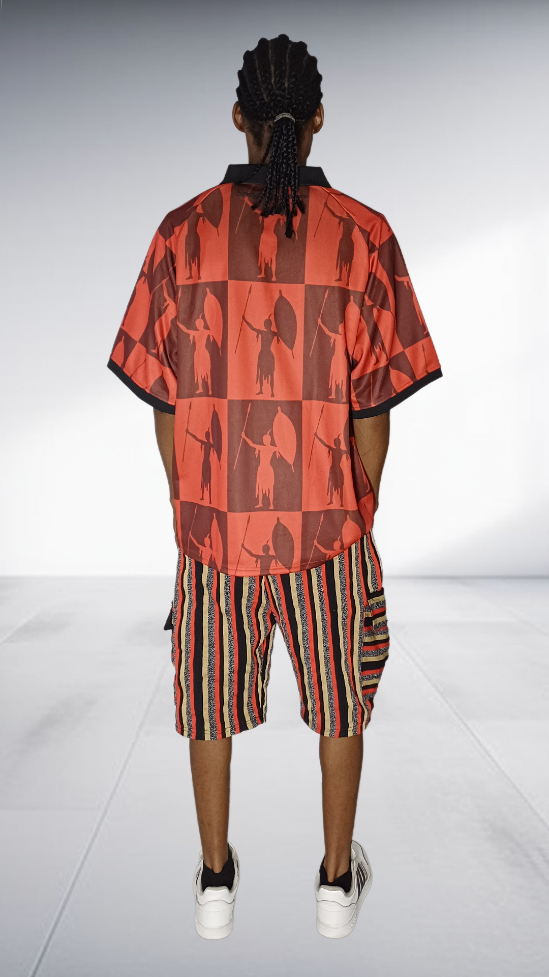 Chale Warrior Jersey & Striped Cargo Shorts Set - Coral